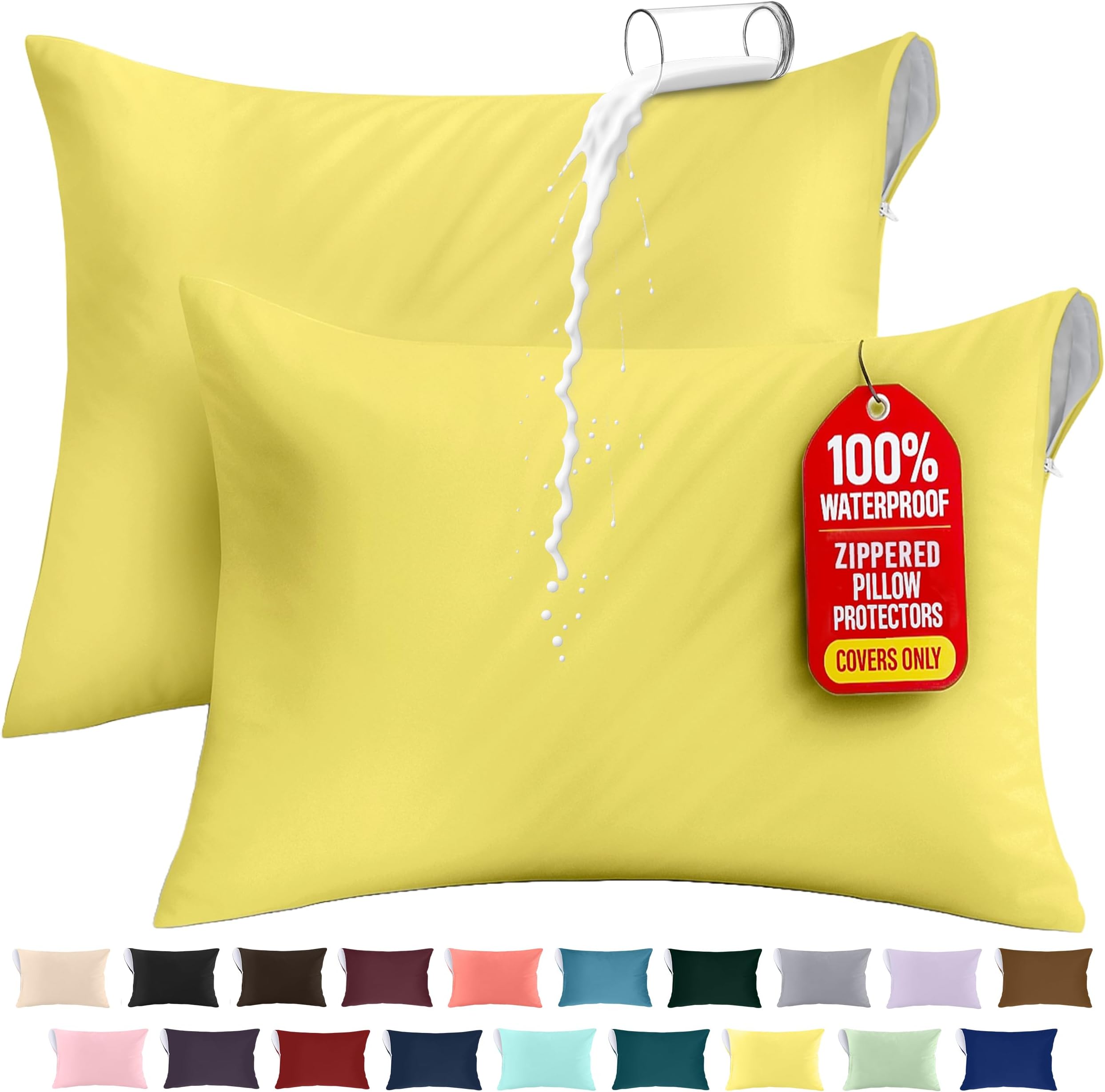 Utopia Bedding Waterproof Pillow Protector Zippered (2 Pack) Standard Yellow – Bed Bug Proof Pillow Encasement 20 x 26 Inches
