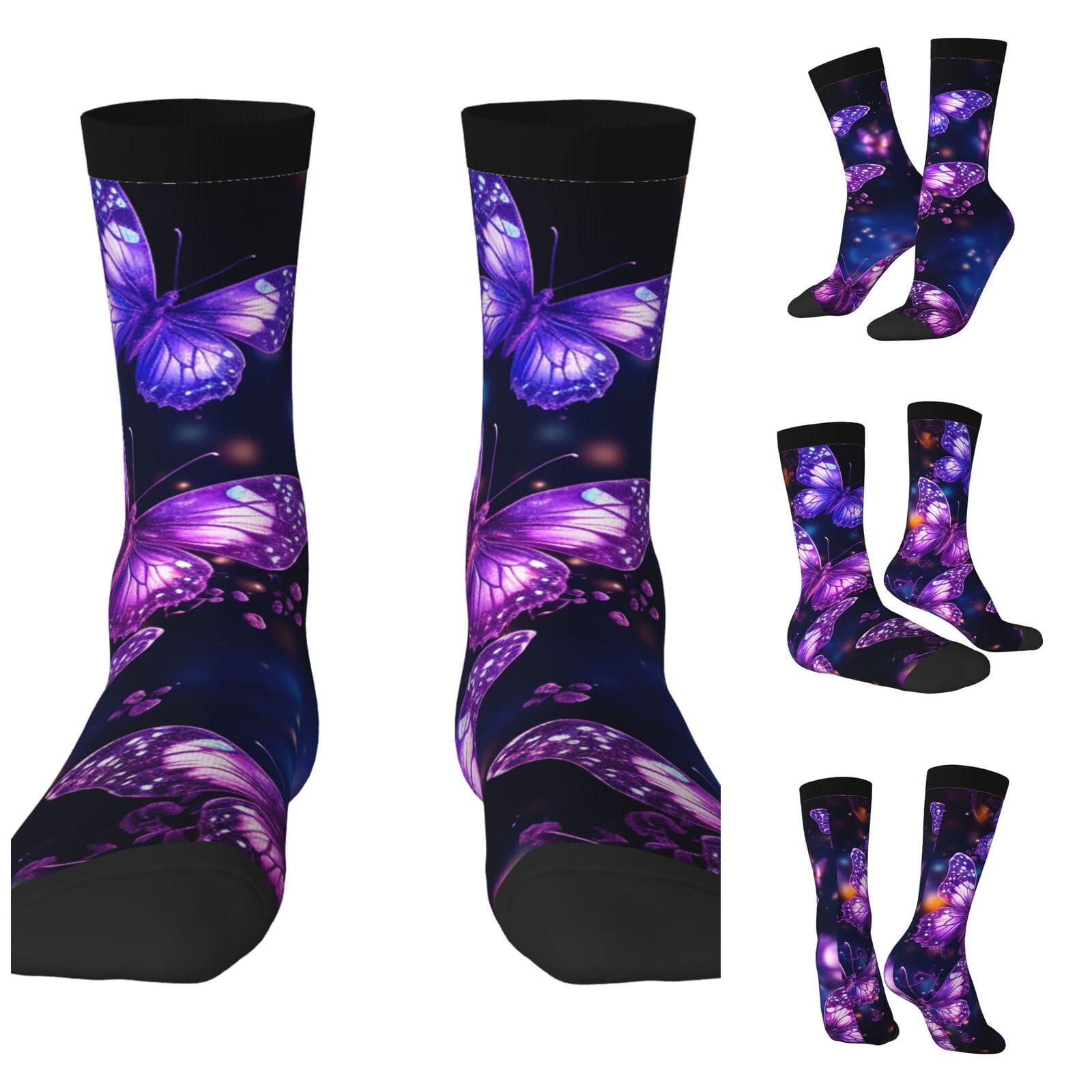 LZQPOEAS purple cute butterfly print Athletic Socks Unisex Cushioned Crew Socks Hiking Running Calf Sock Soft Above Ankle Sock