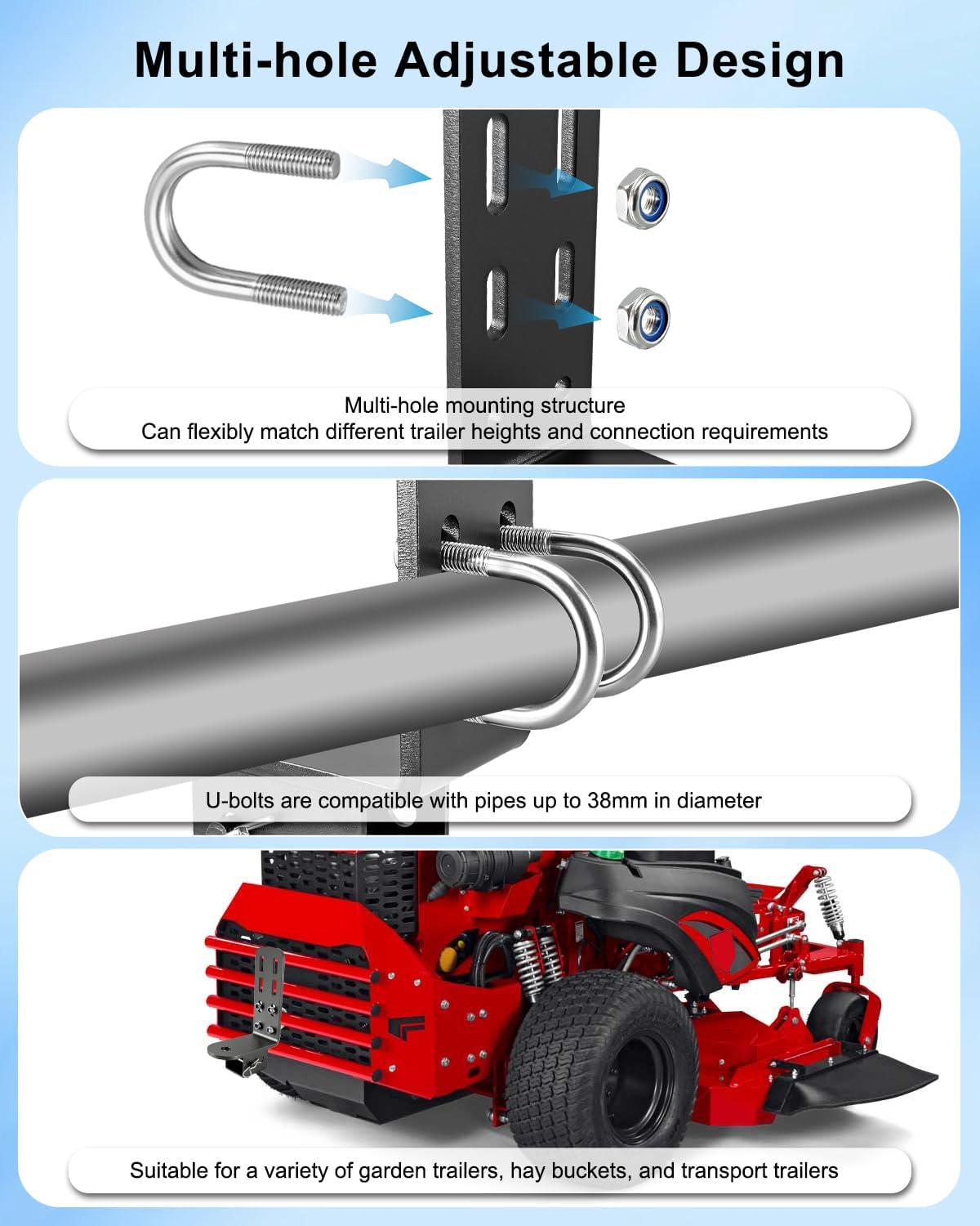 Lawn Mower Trailer Hitch, Aluminum Alloy Riding Zero Turn Lawn Mower Bracket Includes Mounting Hardware, U-Bolts, Applicable Pipe Diameter 38mm