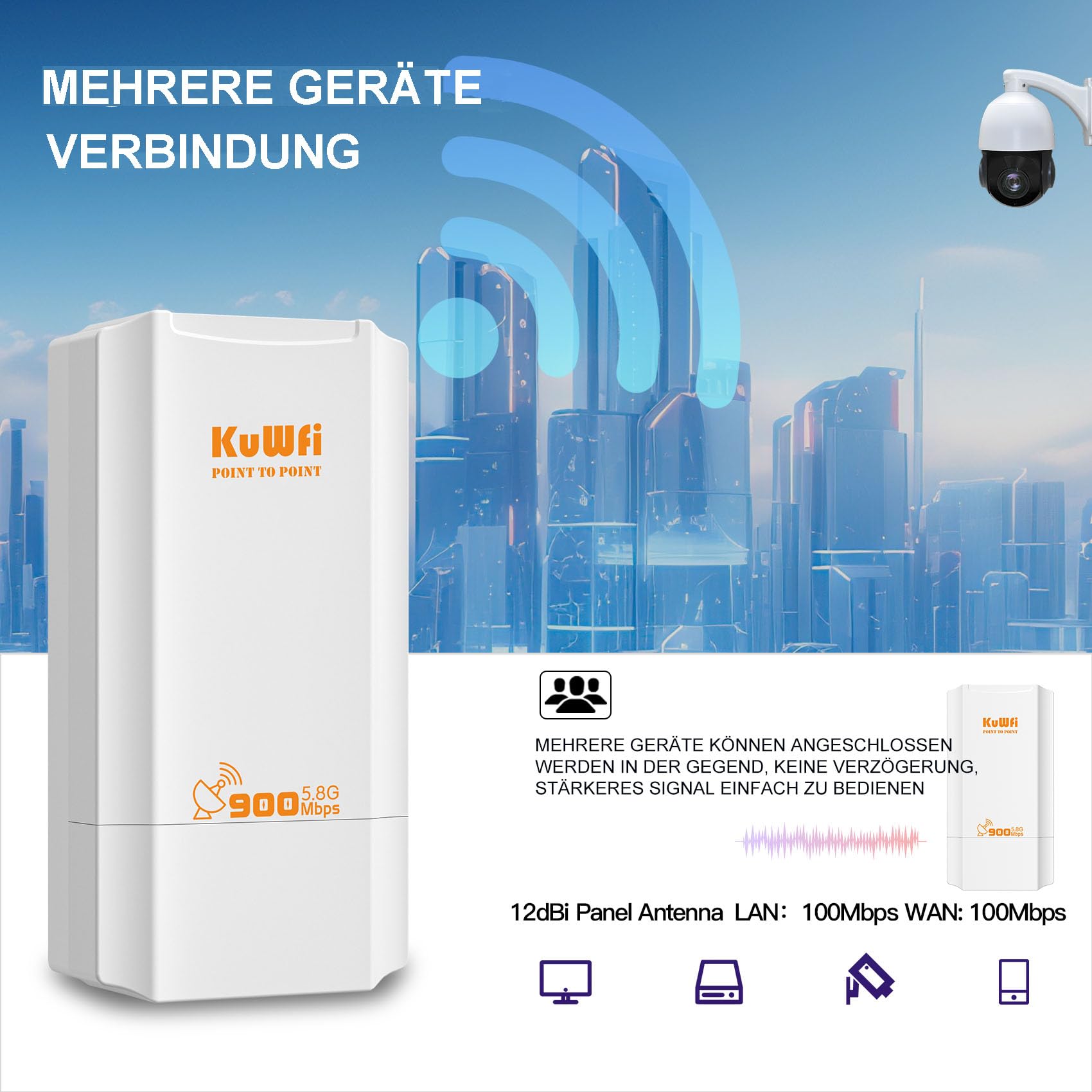 KuWFi Bridge WLAN 5,8 GHz, 900 Mbps Outdoor Wireless Bridges, 2 KM Point to Point WiFi Bridges,12 dBi Antenna 24 V PoE, IP65 Impermeabile Network Bridge per router Starlink/fotocamere/giardino/fienile