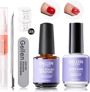 Gellen Gel Nail Polish Remover 15ml, Liquid Latex Peel Off Nail Barrier 15ml, Quick Gel Remover Kit, Fast Remove Gel Polish in 3–5 Minutes, No Soak Required, Gentle to Nails, Full Removal Tools