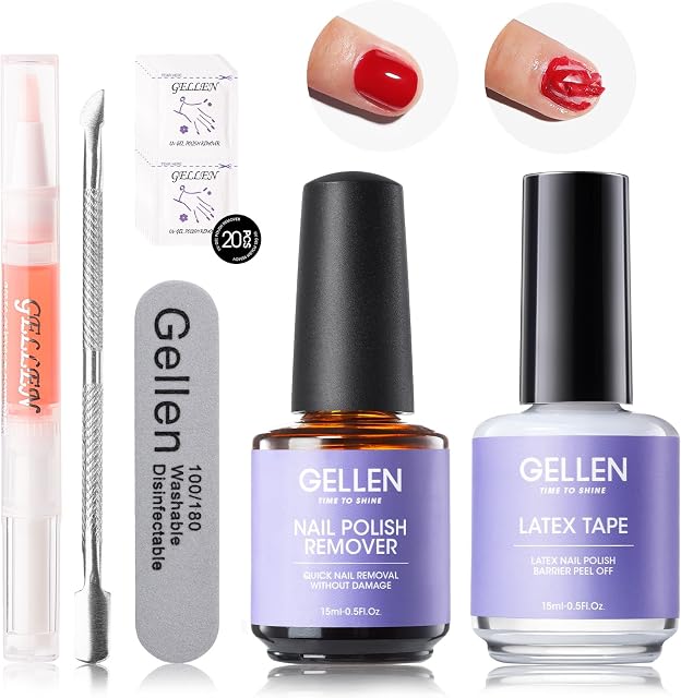 Gellen Gel Nail Polish Remover 15ml, Liquid Latex Peel Off Nail Barrier 15ml, Quick Gel Remover Kit, Fast Remove Gel Polish in 3–5 Minutes, No Soak Required, Gentle to Nails, Full Removal Tools