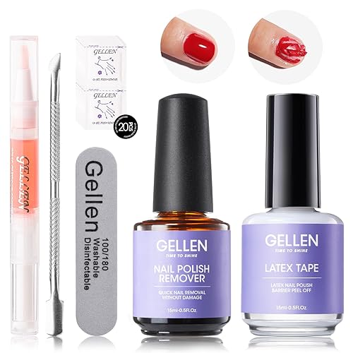 Gellen Gel Polish Remover Kit - Gel Nail Polish Remover with Latex Tape Peel Off Liquid and Manicure Tools, Quick & Easy Gel Polish Remover in 2-5