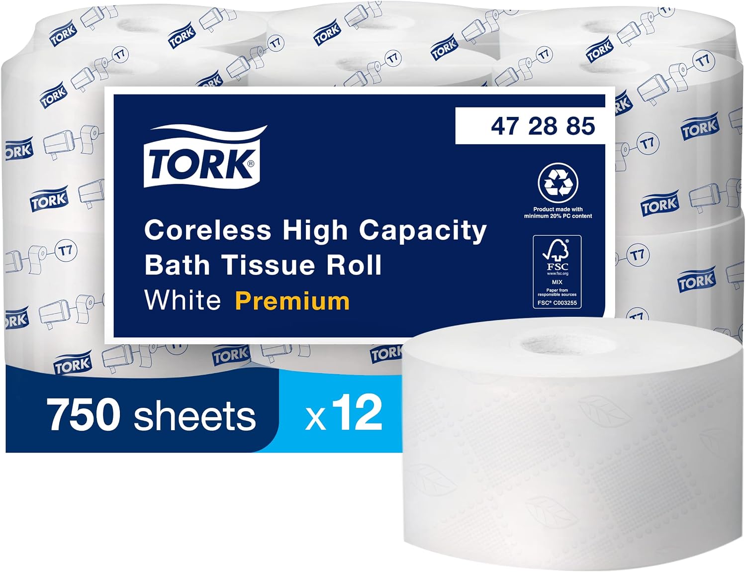 Tork Coreless High-Capacity Toilet Paper Roll White T7, Premium, 2-ply, 12 x 750 sheets, 472885 image 2