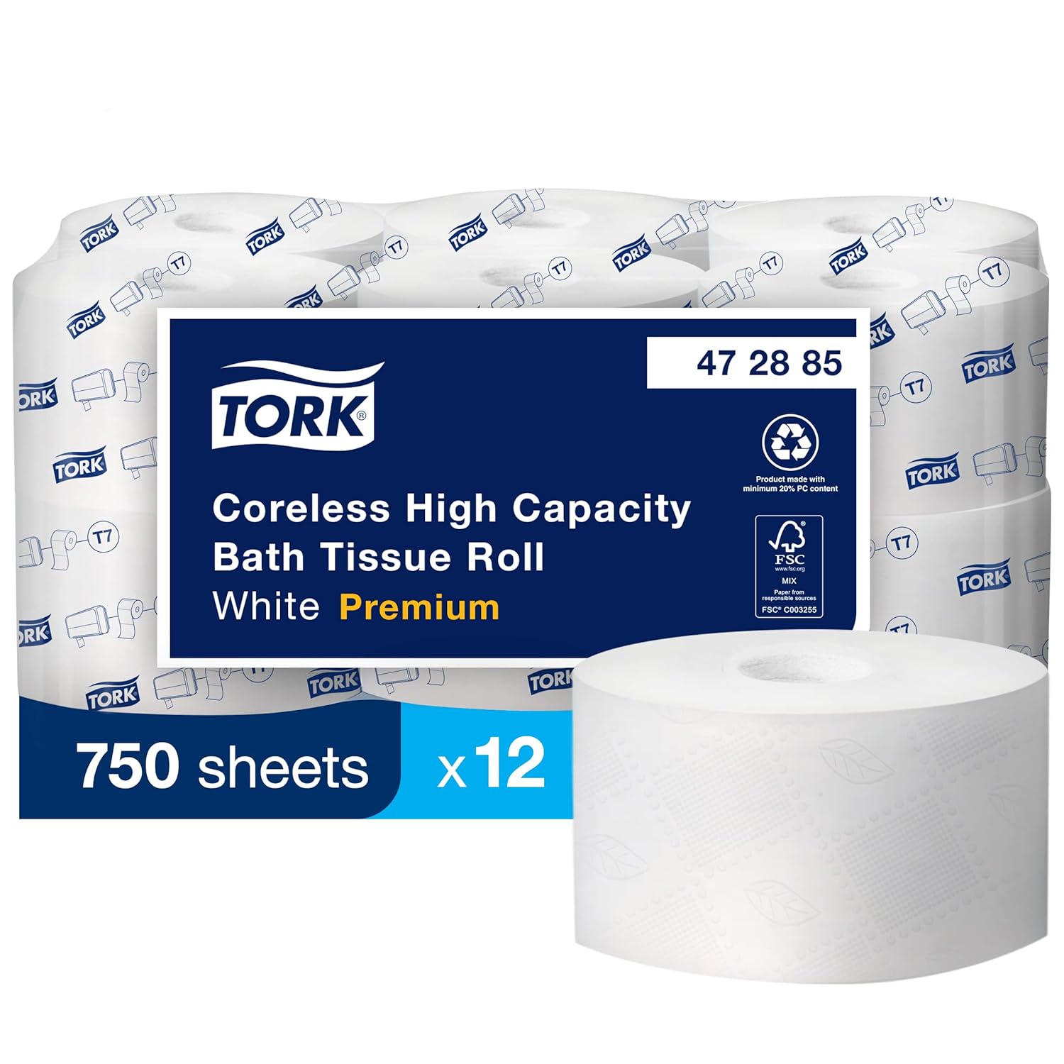Tork Coreless High-Capacity Toilet Paper Roll White T7, Premium, 2-ply, 12 x 750 sheets, 472885