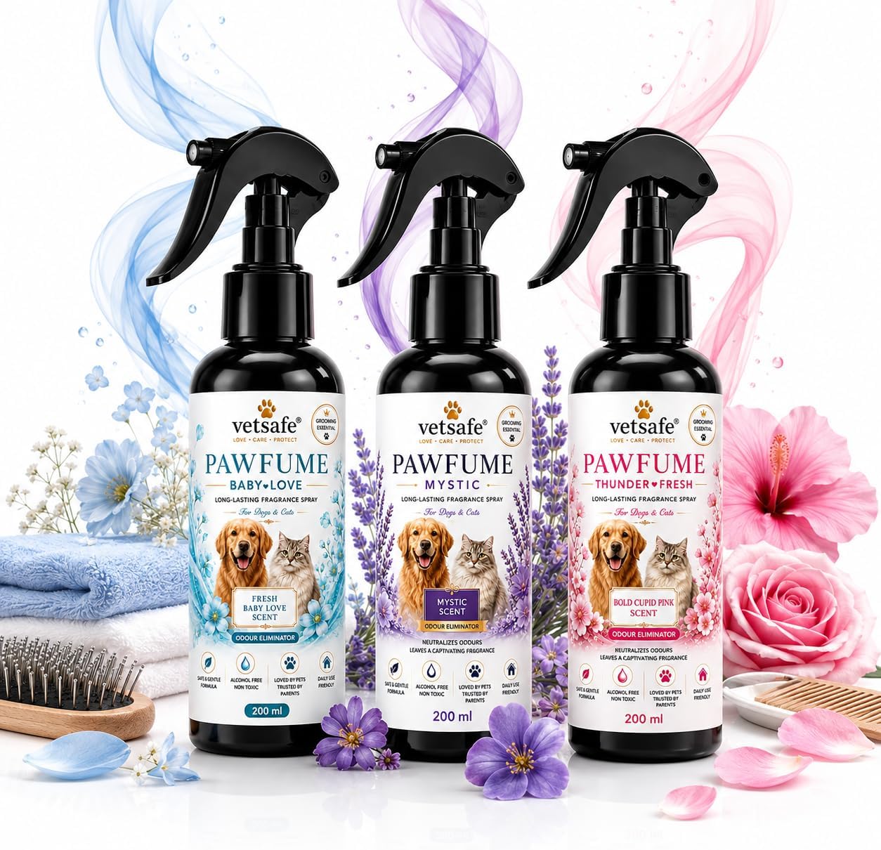 VetSafe Pet Perfume Spray for Dogs & Cats โ 200 ml (Pack of 3) | Long-Lasting Fragrance, Odour Eliminator & Grooming Essential | Thunder Fresh, Baby Love & Mystic Scent