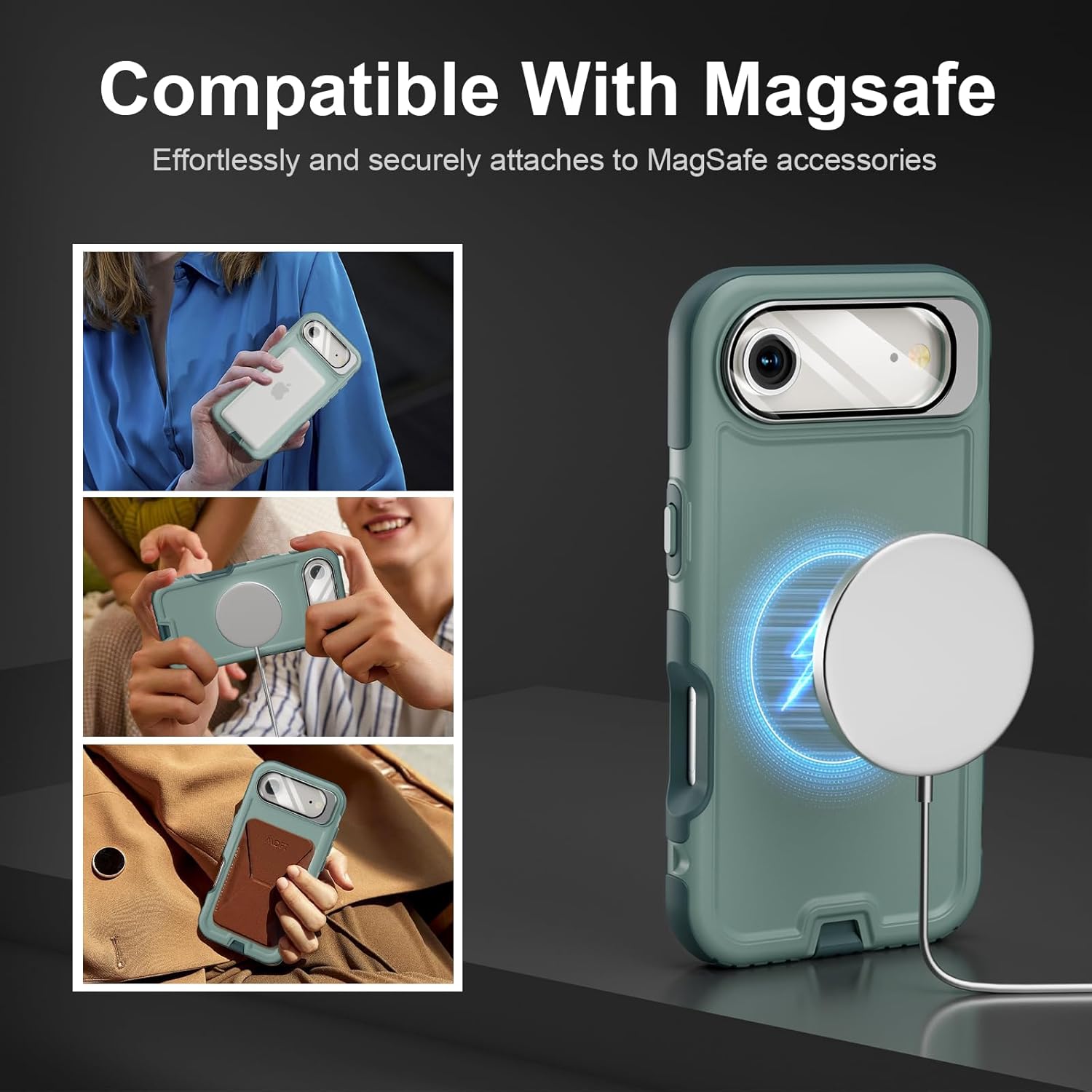 Follaroma for iPhone 17 Air Case with Stand, Built-in Camera Cover, Compatible with MagSafe, Heavy Duty Shockproof Protection Phone Case, Anti-Drop, Magnetic Dual Layer Protective Cover, 6.5", Green