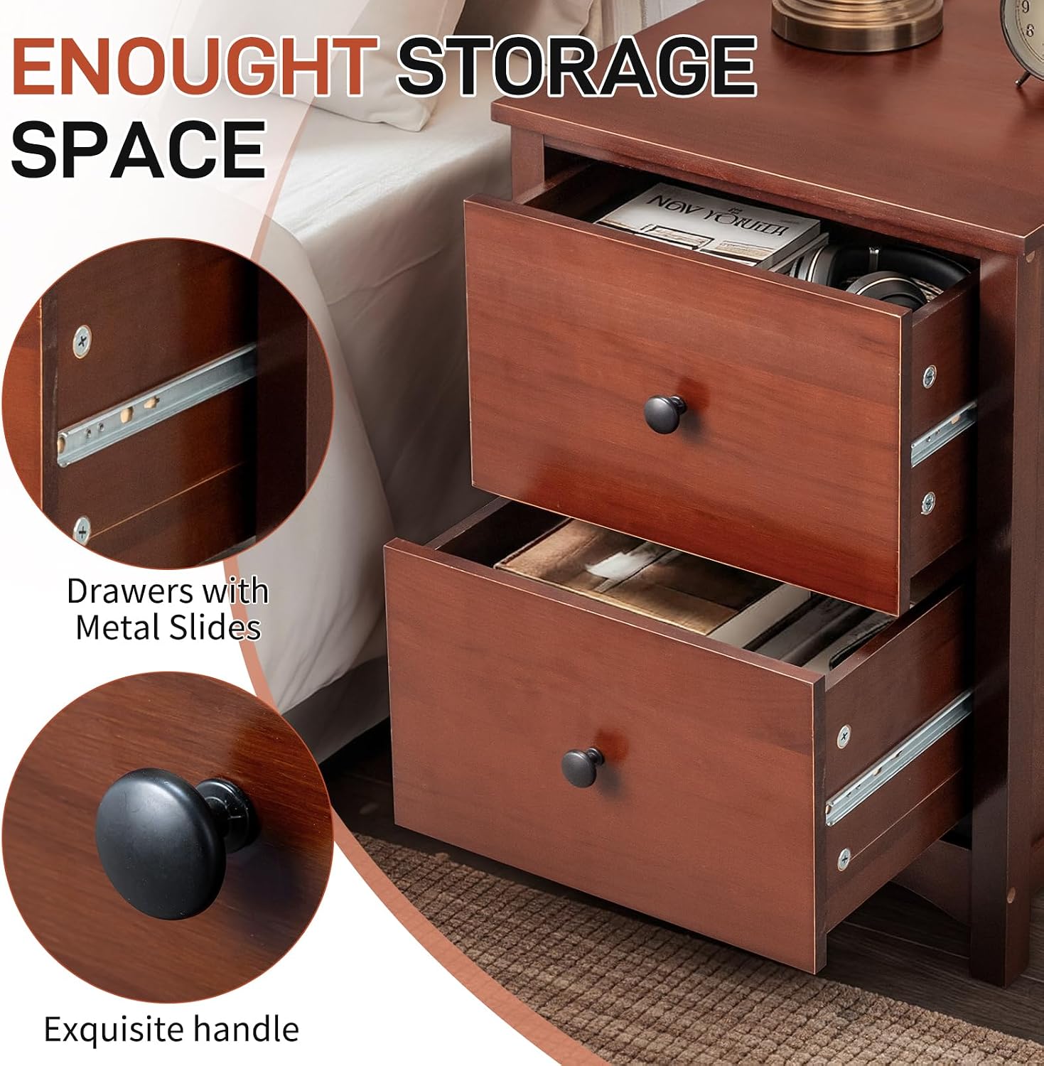 Close-up of nightstand drawers showing metal slides and a handle