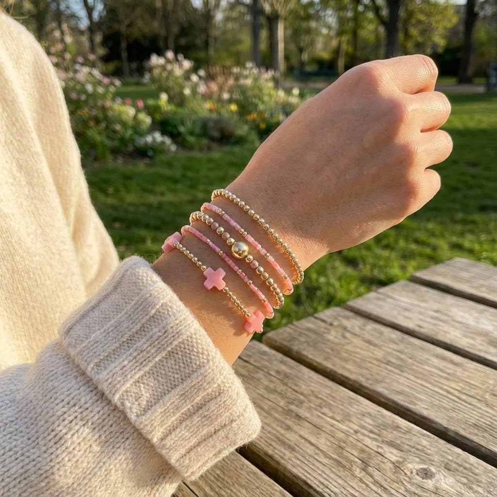 Gold Bracelets for Women, Beaded Cross Stack, Non Tarnish Set，Set-1 image 5