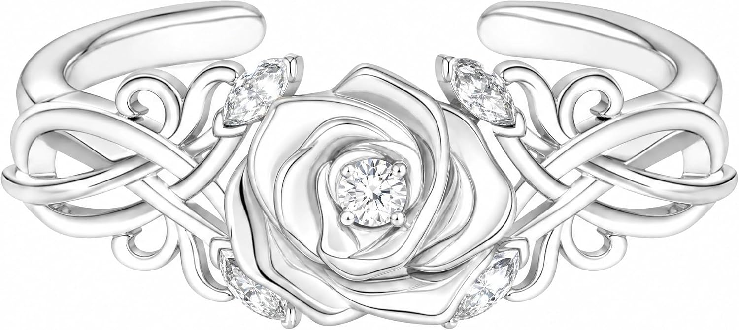 Diamonds Rose Flower Ring for Women, 925 Sterling Silver Adjustable Ring, Celtic Knot Open Band Promise Ring for Her, Romantic Jewelry Gift for Anniversary Birthday
