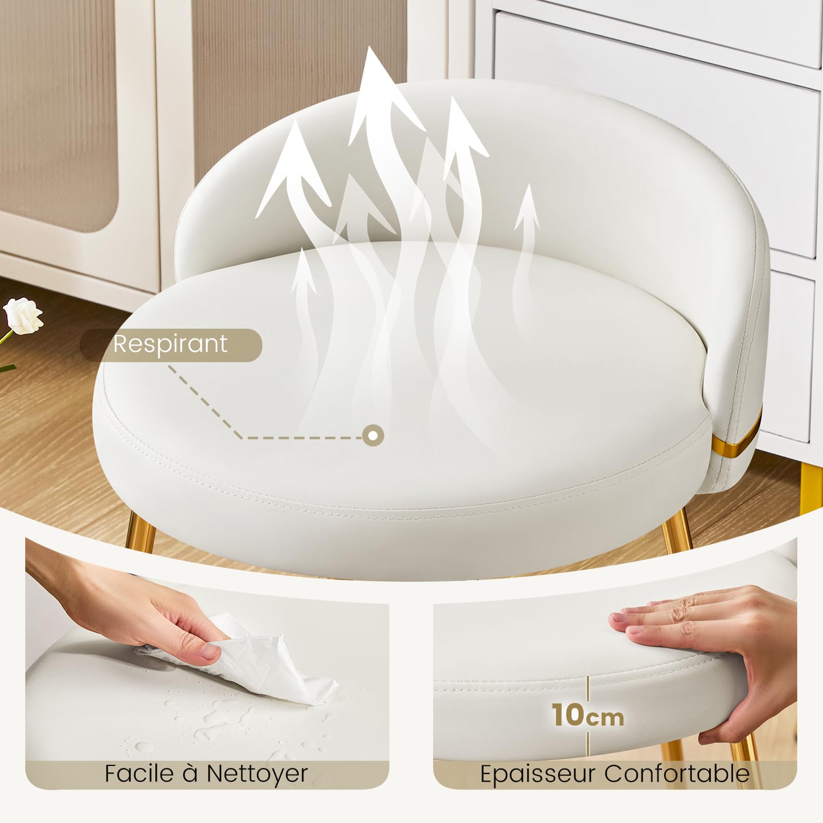 Hellove Tabouret Coiffeuse avec Pieds en Métal Doré, Tabouret de Maquillage Moderne Rond, Chaise de Coiffeuse en Cuir, Stool de Pied avec Dossier Courbé pour Salle À Manger, Chambre, Salon, Blanc