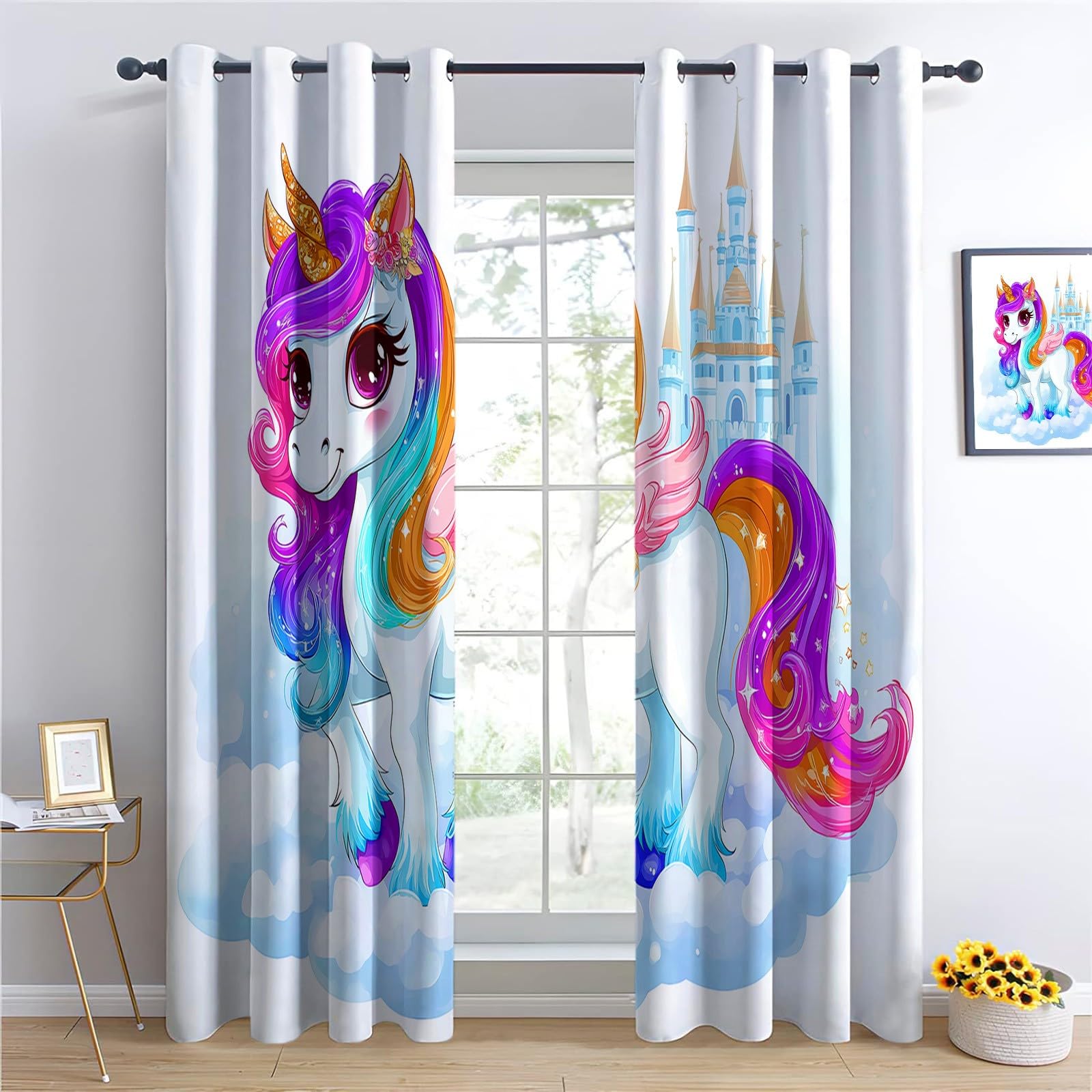 Générique Rideaux Occultants Lavables Licorne Mignonne Château, Rideaux à Œillets Style Cartoon Résistant à la Décoloration - Rideau Thermiques Enfants (Lot de 2) 75L X 166H cm pour Chambre à Coucher