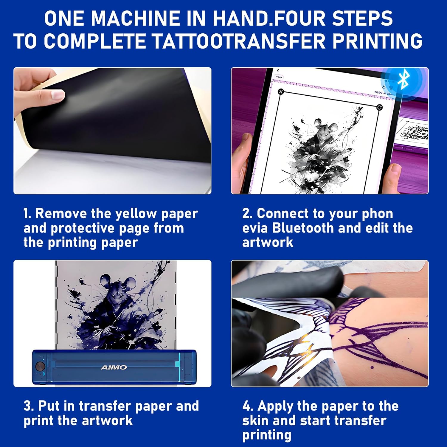 Aimo T08F Wireless Tattoo Stencil Printer - Bluetooth Tattoo Transfer Machine for Long Image Printing Compatible with iPad/Tablet/PC, for Tattoo Artists & Beginners