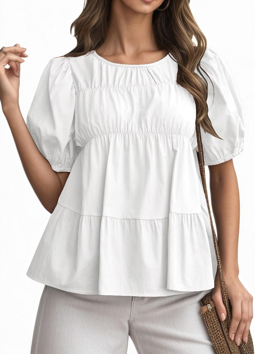 LAYOGAS Womens Peplum Babydoll Tops Summer Puff Sleeve Blouse Loose Fit Ruffled Hem T-Shirt - Image 2