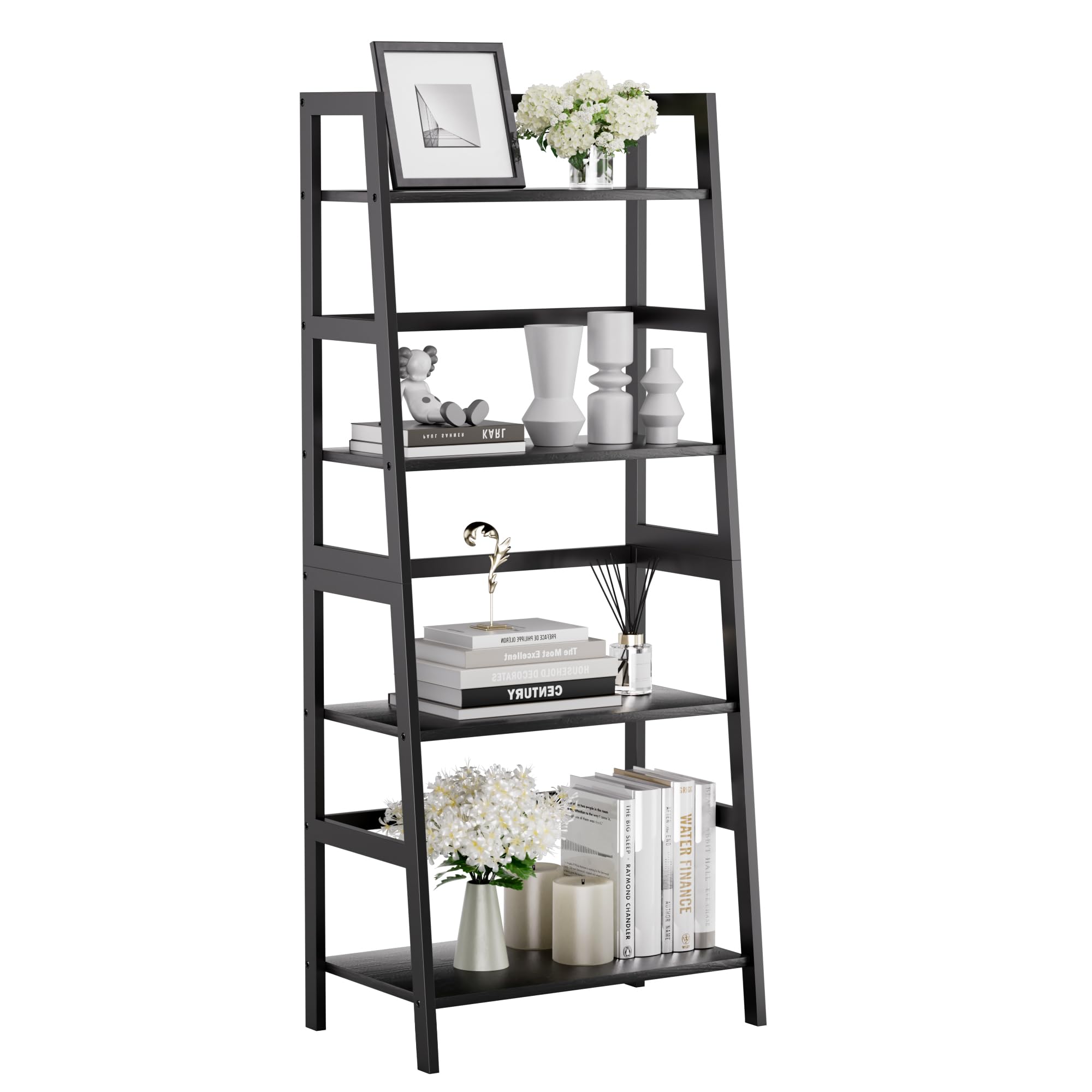 HITNET Ladder Shelf Black, 4-Tier Bookshelf, Freestanding Bathroom Storage Rack with Bamboo Frame, Plant Display Stand for Living Room, Kitchen, Home Office