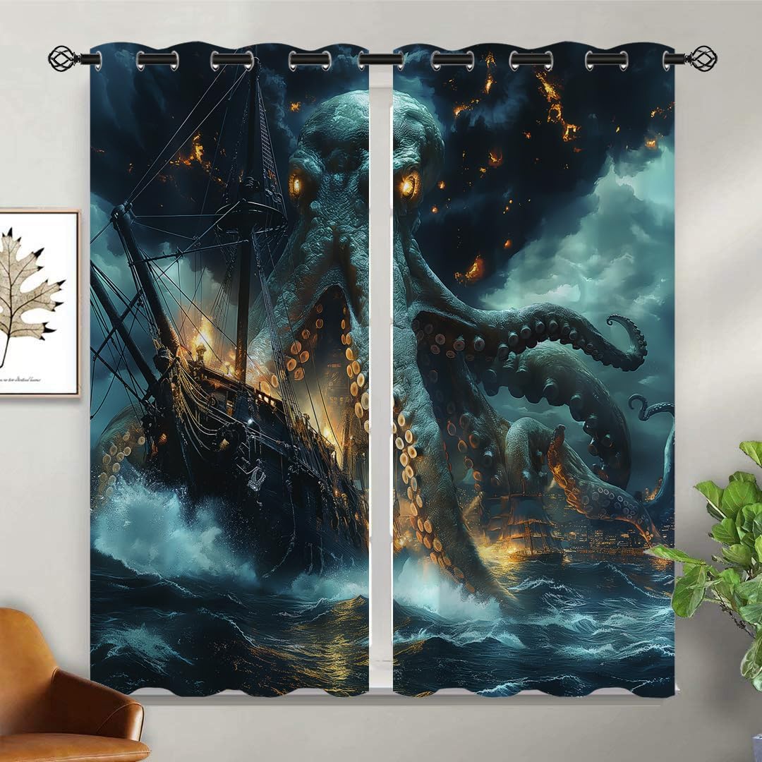 Nautical Octopus Blackout Curtains for Girls Boy Home Decor, Ocean Kraken Pirate Animal Grommet Thermal Insulated Drapes Darkening Window Curtain for Bedroom Living Room, 42 x 45 Inch