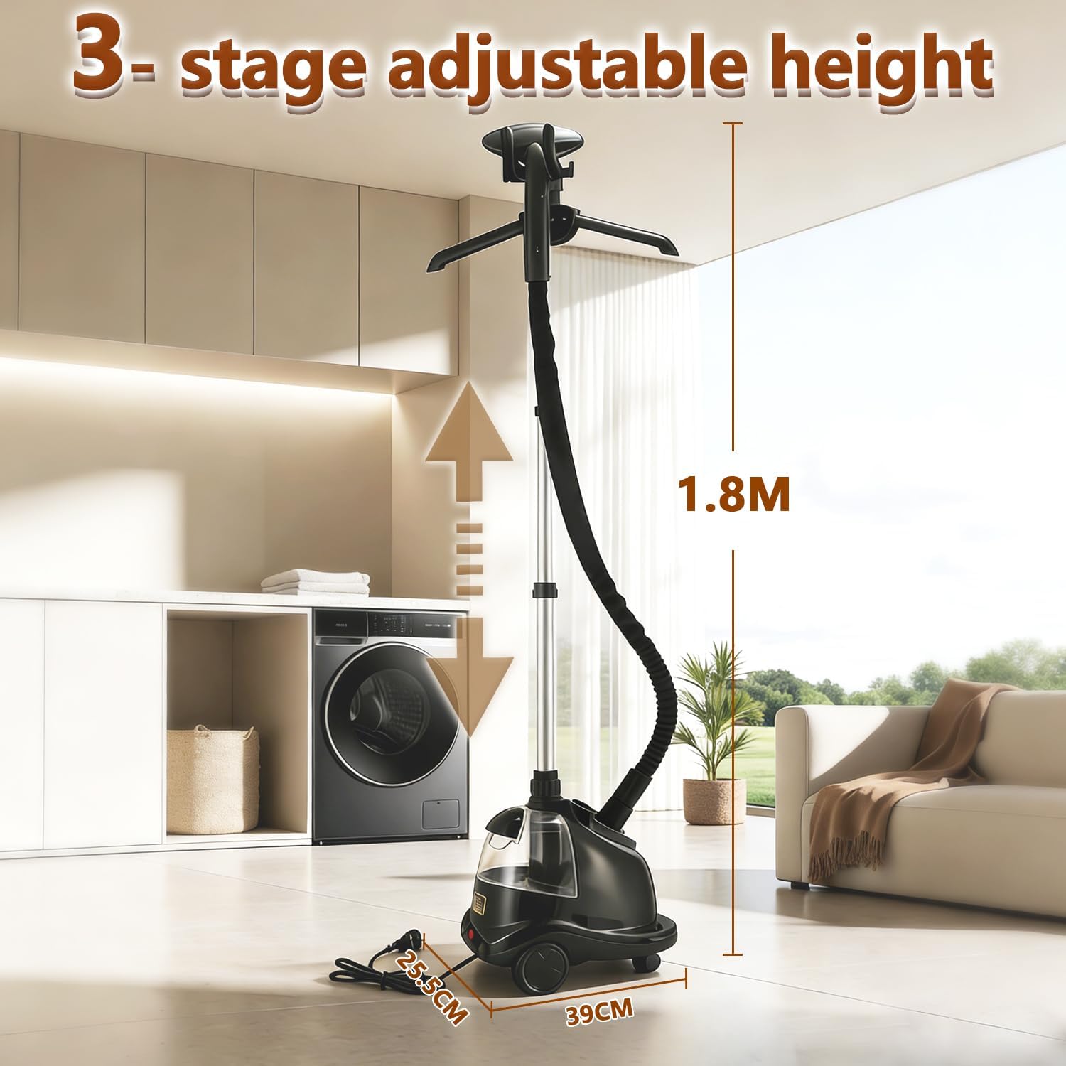 Standing Garment Steamer, 2000W Powerful Steamer for Clothes, 2.4L Water Tank for 90 Mins Continuous Steaming,3Steam Levels with Roll Wheels, Home Commercial Use (Black)