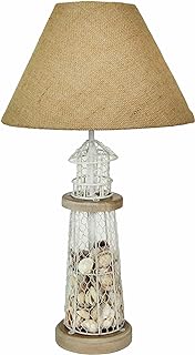 Zeckos White and Grey Seashell-Filled Lighthouse Table Lamp - Coastal Na...