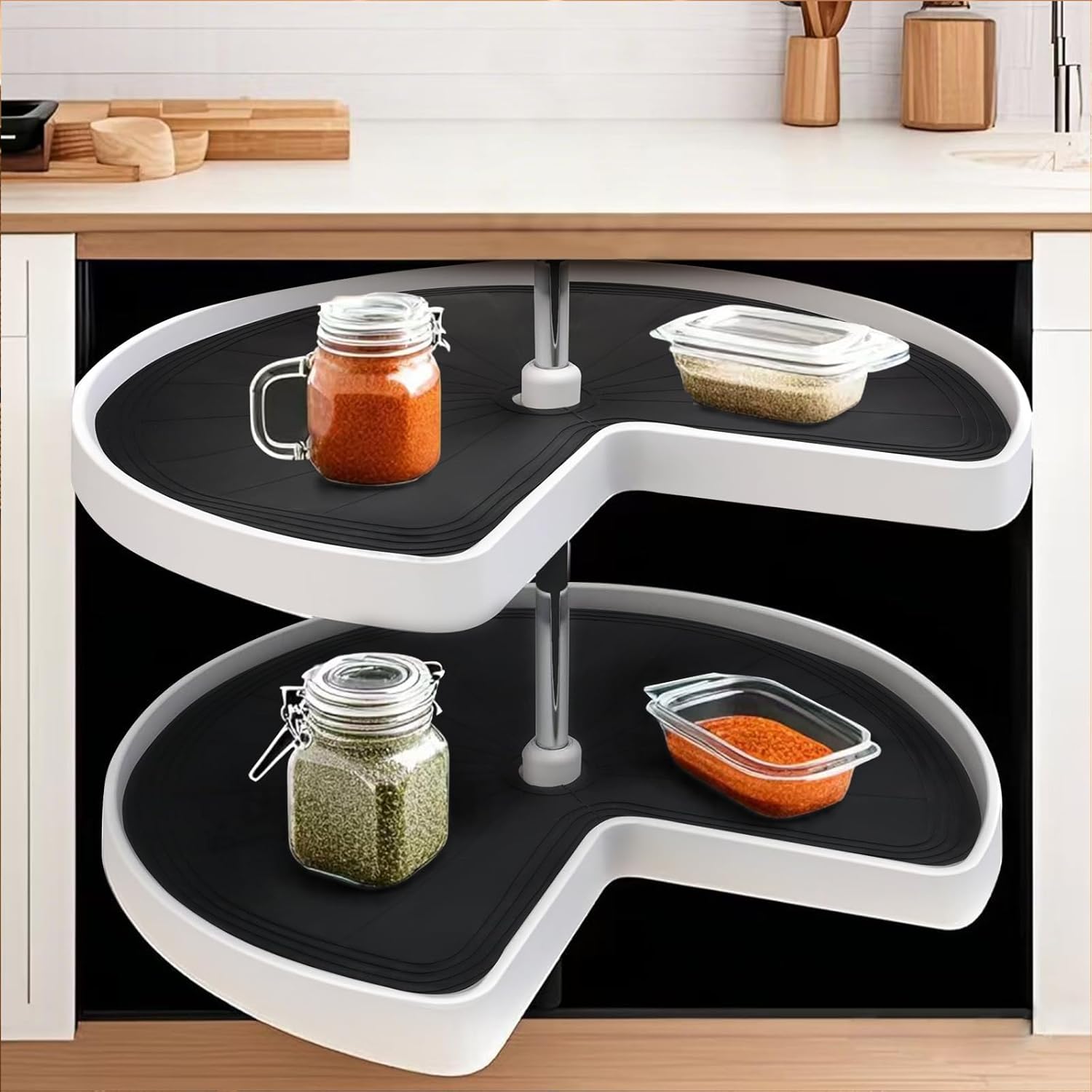 2PCS Lazy Susan Shelf Liner 27" Silicone Lazy Susan Liner Non Slip Kitchen Cabinet Liners Mats for Shelf Drawer Black