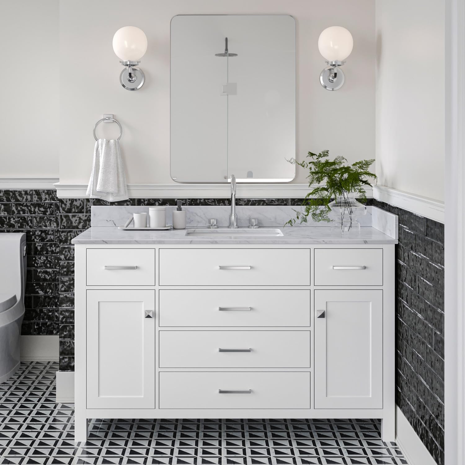 ARIEL Bristol 54-inch Bathroom Vanity with Sink,Solid Wood, 0.75-inch Italian Carrara Marble Countertop, Single Rectangular Porcelain Sink, 2 Soft Closing Doors, 5 Dovetail Drawers, White