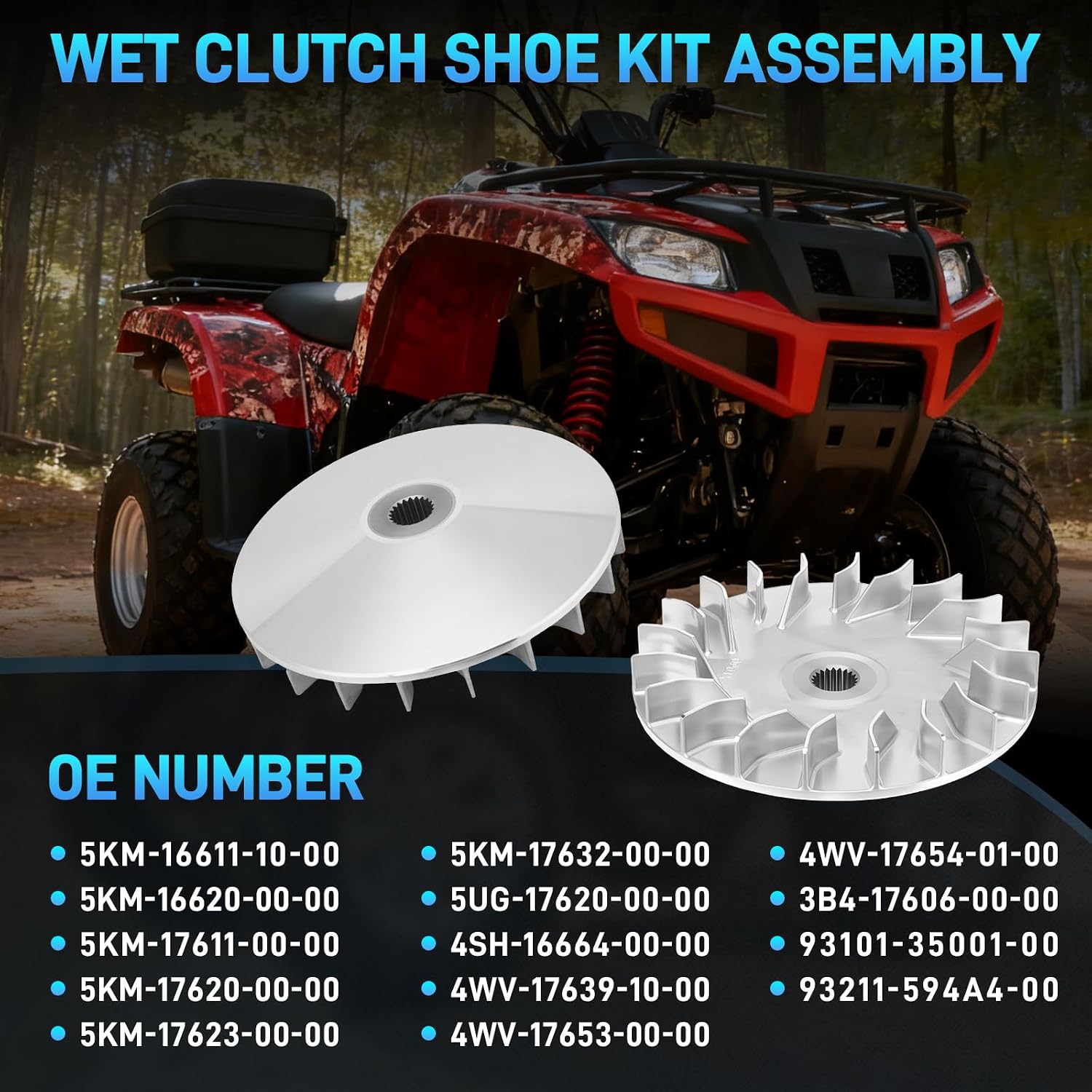 Wet Clutch Shoe Kit Assembly Compatible with Yamaha Grizzly 660 2002-2008, Rhino 660 2004-2007, Include Primary Sheave, Clutch Carrier, Oneway, Housing, Gasket (12 Packs), OEM Specs 5KM-16611-10-00