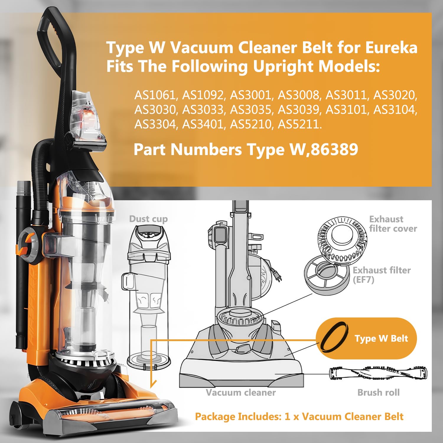 HASMX Type W Vacuum Cleaner Belt for Eureka Fits The Following Upright Models: AS1061, AS1092, AS3001, AS3008, AS3011, AS3020, AS3030, AS3033, AS3035, AS3039, AS3101, AS3104, AS3304, AS3401, AS5210