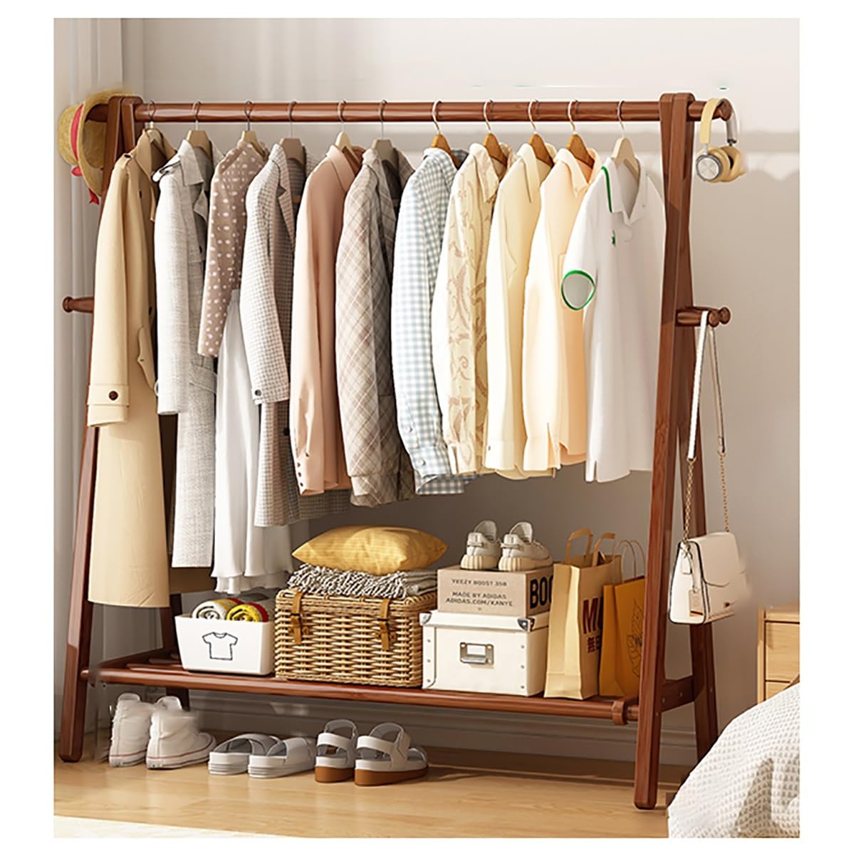 Portant à vêtements pliable en bois marron 140 cm avec étagère