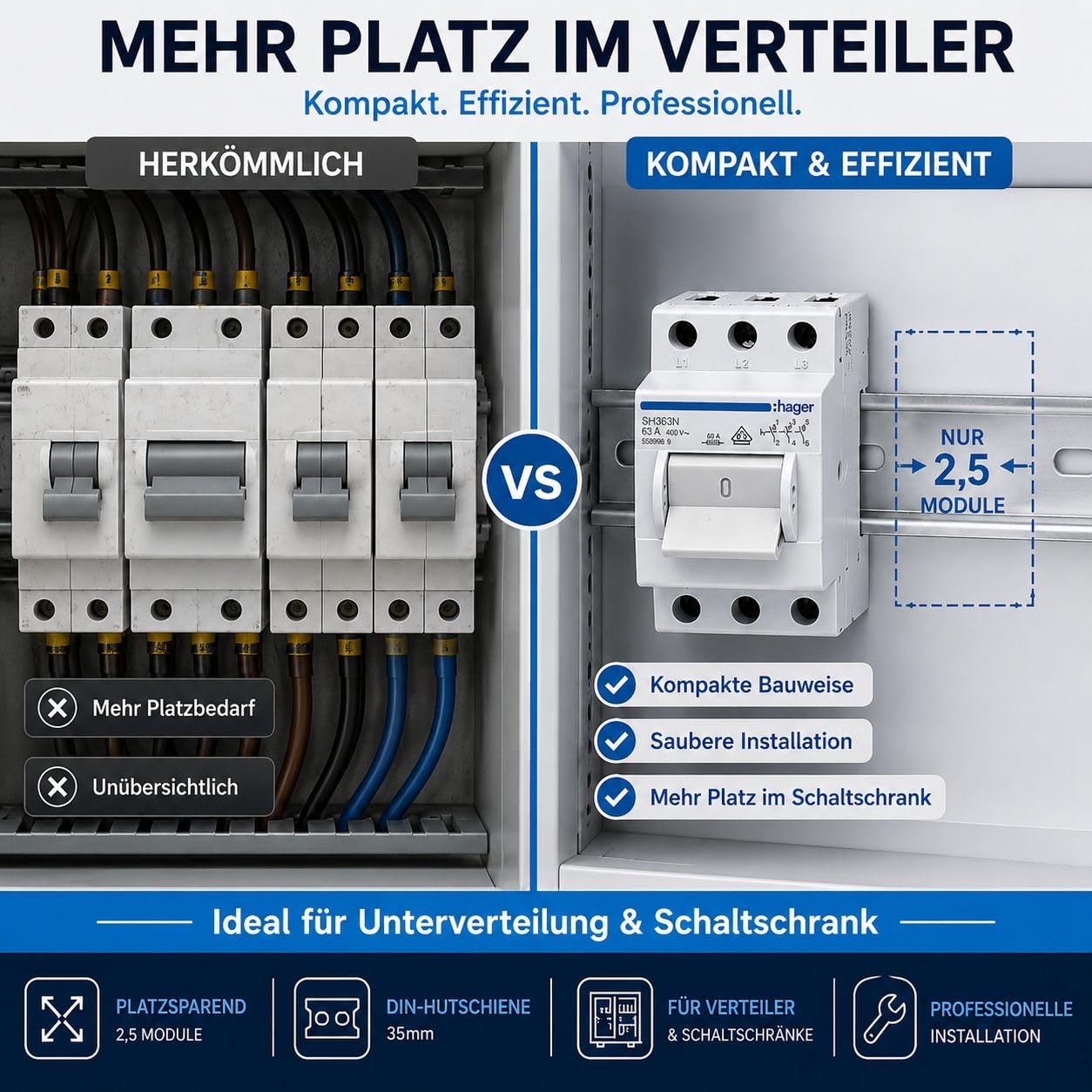 Hager SH363N Hauptschalter 63A 3-polig für Hutschiene, Ausschalter 400V AC, Kompaktschalter für Unterverteilung Hauptverteilung Schaltschrank DIN-Schiene 35mm 3x63 Ampere