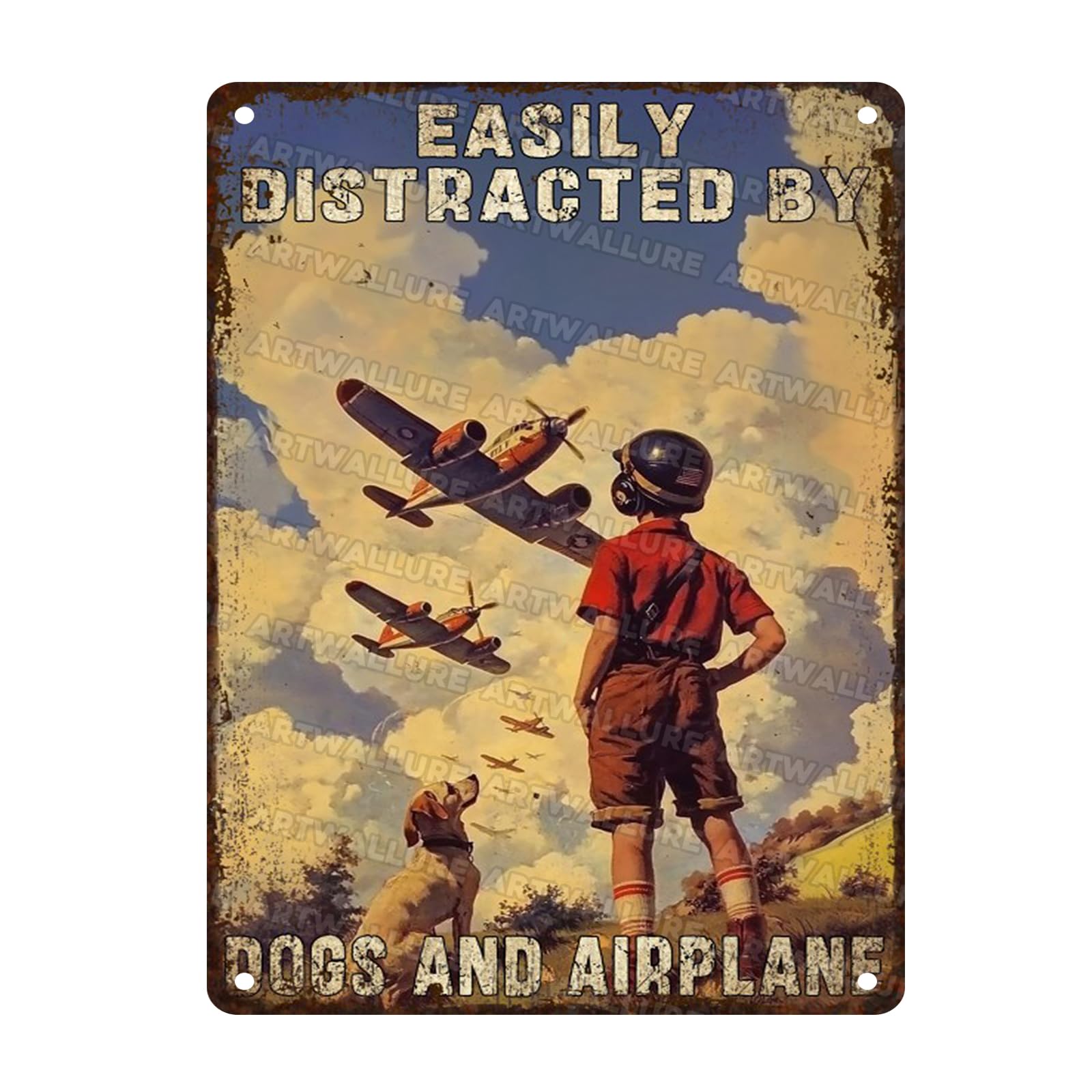 Airplane Vintage Metal Tin Sign Easily Distracted By Dogs And Airplane Boy Room Wall Art Funny Military Enthusiasts Metal Poster Bathroom Living Room Art Wall Decor 12x16inch