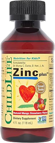 ChildLife Essentials Zinc Plus, para bebés, niños, niños y adolescentes, sabor a fresa mango, 4 onzas