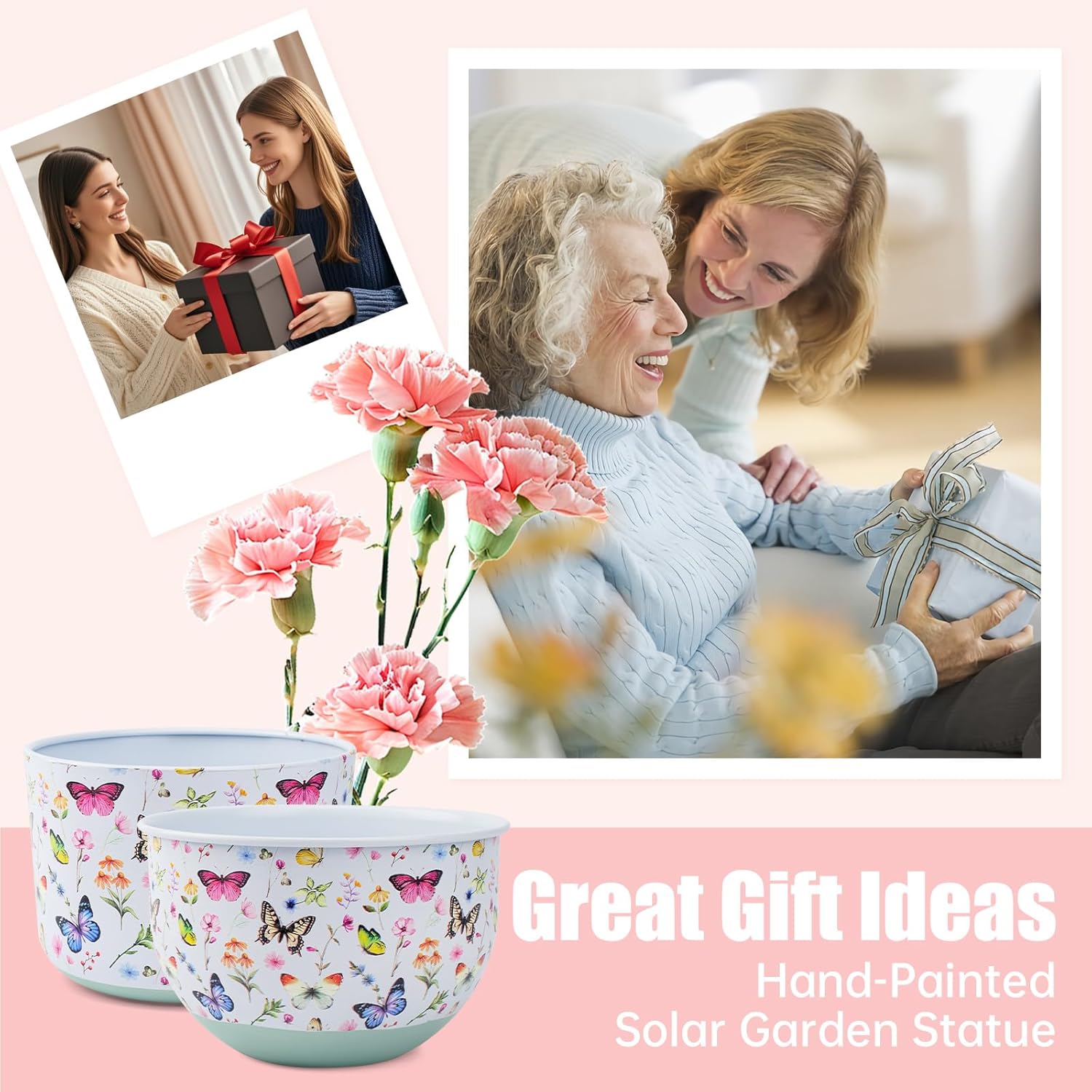 Joint Honglin Butterfly & Bee Metal Planters Set of 2 – Decorative Flower Pots with Colorful Garden Prints, Outdoor & Indoor Use Cute Spring Floral Design for Patio, Balcony, Home Decor (Butterfly)