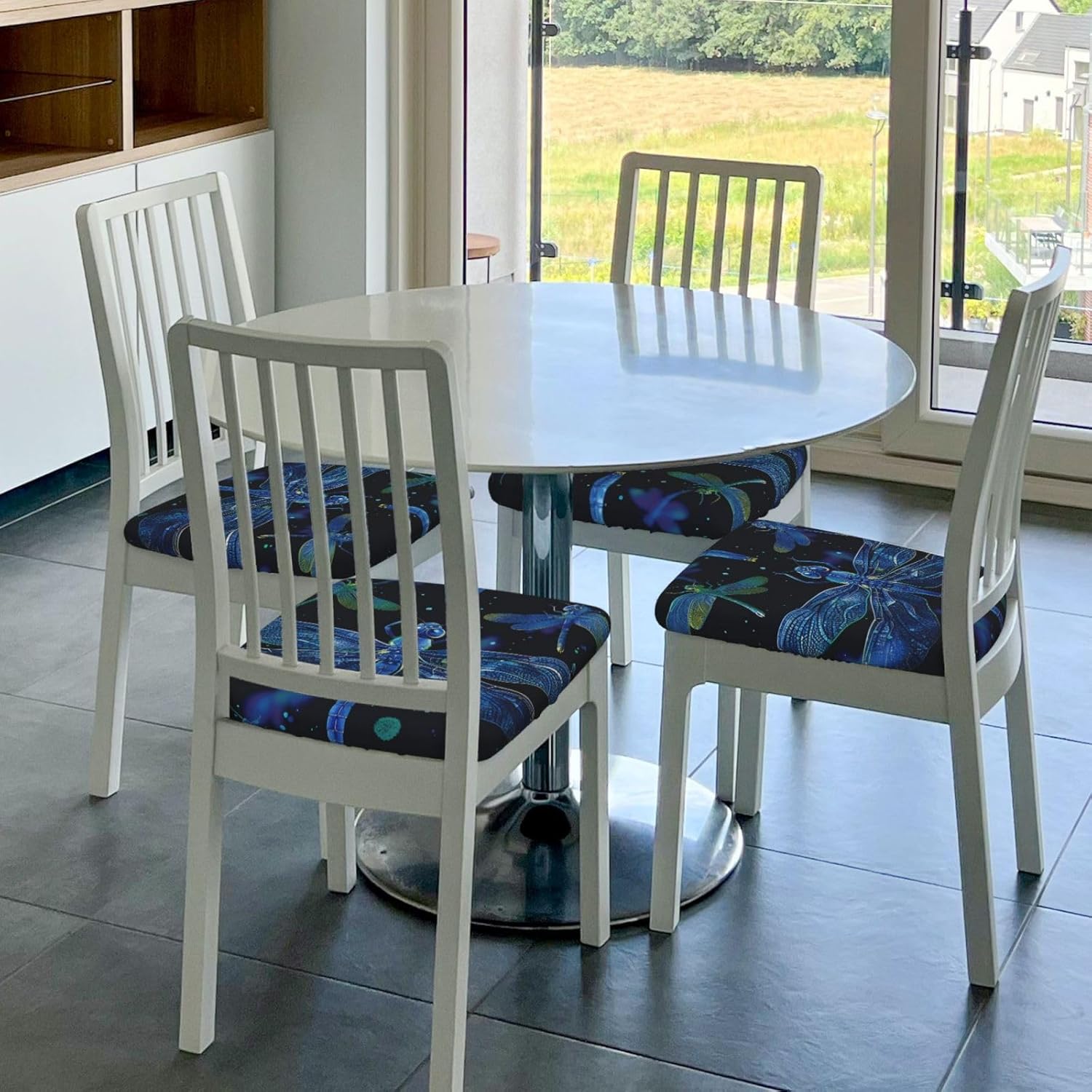 Blue Dragonfly Print Square Cushion Covers 6 Pcs Set Elastic Non-Slip Seat Cushion Slipcovers Pet Furniture Protectors for Chair, Sofa