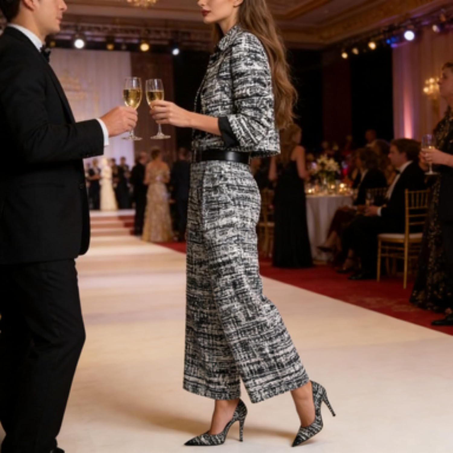 Single-Breasted Cropped Jacket and Wide-Leg Pants Set Tweed Pants Suit Elegant Matching Suit Sets Print 2 Piece Outfits