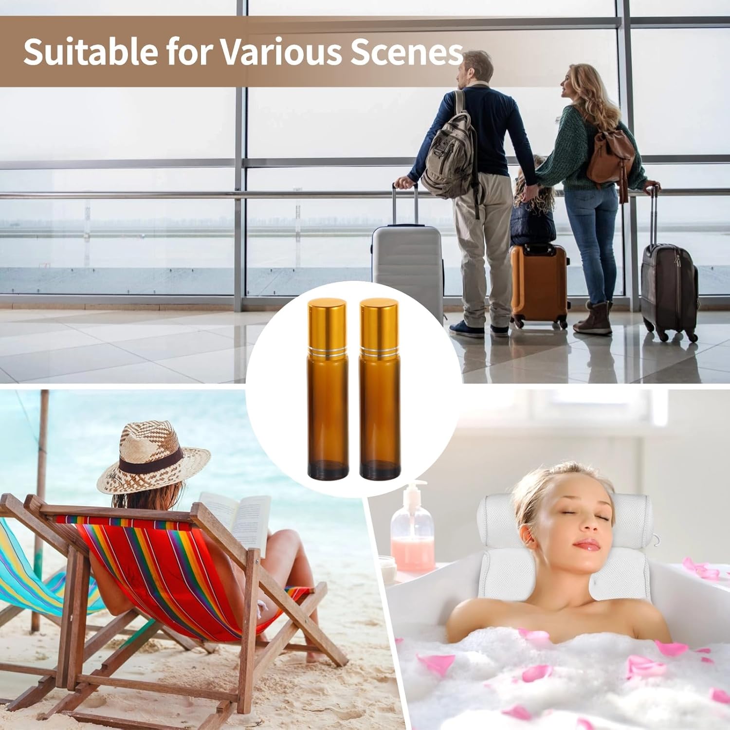 100 PCS 10 ml Amber Roller Bottles for Essential Oils - Empty Brown Glass Bottle, Refillable Roll on, Portable Travel Perfume Leakproof With Stainless Steel Ball