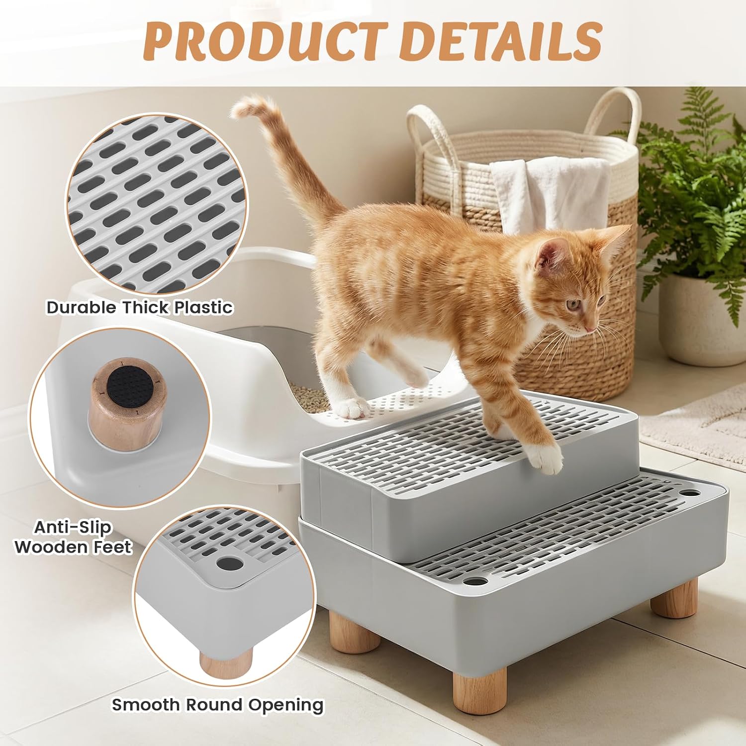 Extra Large 2 Steps Cat Litter Box Step Cat Litter Box Ramp with Wooden Base Designed for Automatic Litter Box Entry Anti-Tracking Surface & Easy Cleaning for Small & Elderly Cats (Grey)
