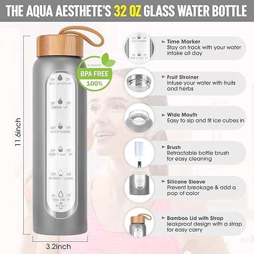 Miniatura 3 de Aqulea Botellas de agua de vidrio de 32 onzas con funda de silicona, botellas de agua motivacionales de vidrio de boca ancha reutilizables sin BPA
