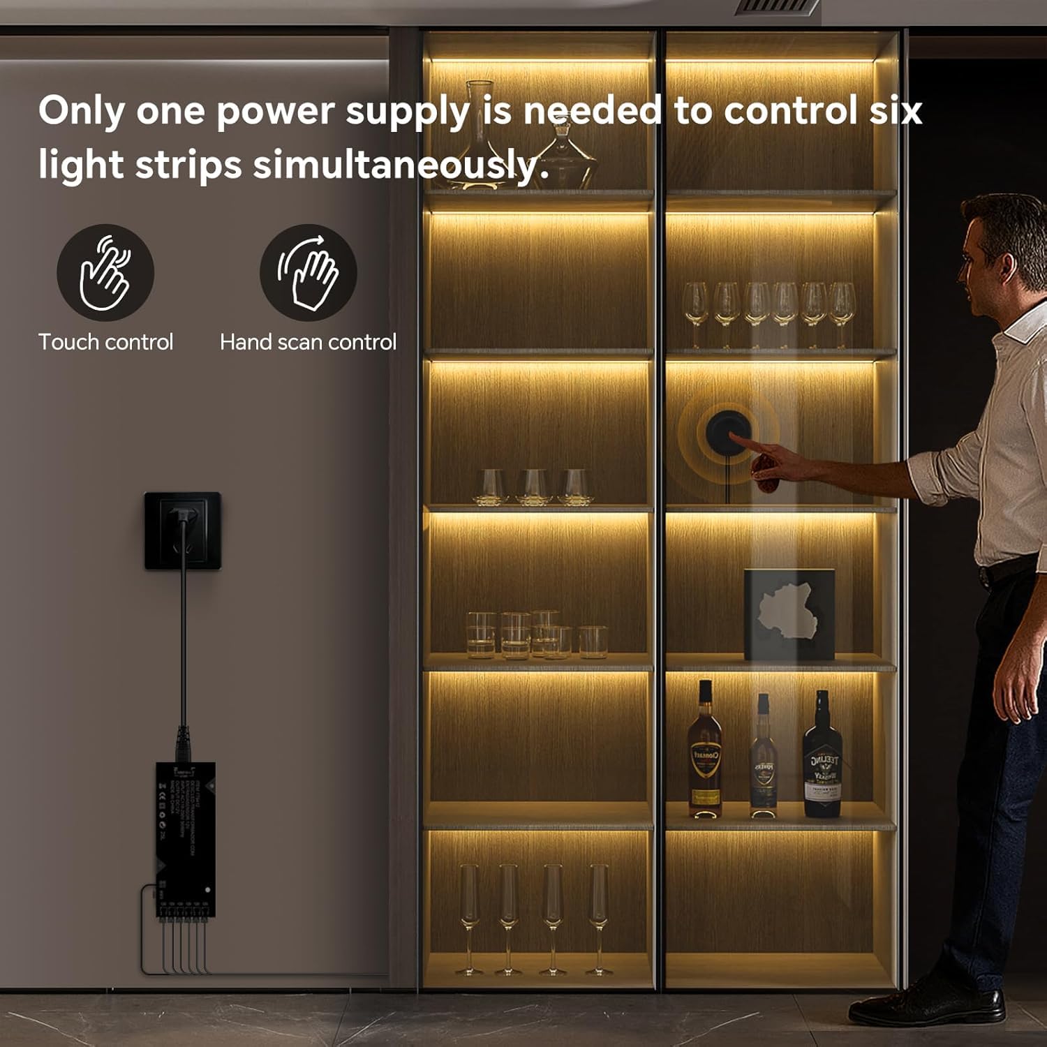 AIMENGTE COB LED Strip 2m, 6 Rollen 12V Warmweiß Akustikpaneele Schneidbar COB LED Streifen, with Berühren und Hand Sweep Dimmer Schalten, für Weinschränke, Regale, Schränke