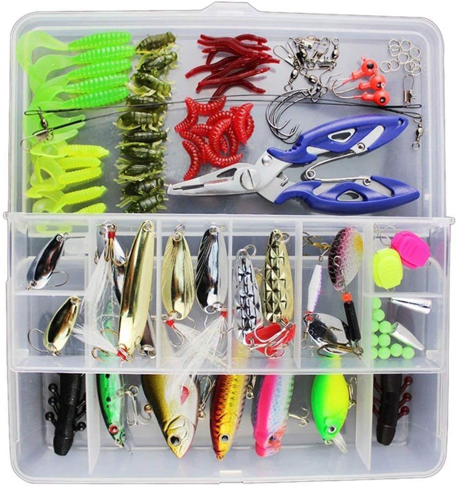 Vicloon Señuelos de Pesca, 120 Piezas Kits de Señuelos Pesca Accesorios Cebos Artificiales Articulos de Pesca Incluido la Caja Tackle, Ganchos, Tijeras, Cebos, Popper, Grillos y más