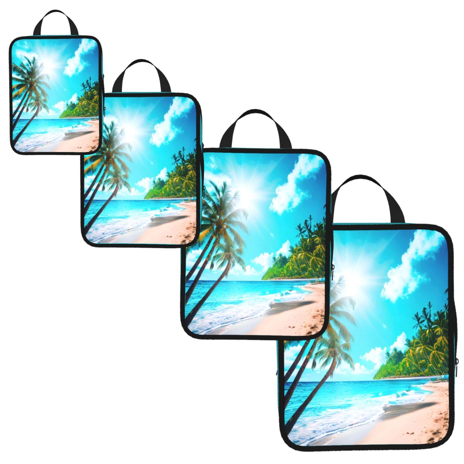 Tropical Ocean Beach Theme Print 4 Set Compression Packing Cubes for Suitcases,Expandable Storage Bag Organizers
