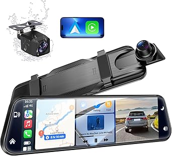 كاميرا مرآة لوحة القيادة بدقة 2.5K مع Carplay وAndroid Auto، وكاميرا مرآة الرؤية الخلفية مقاس 10 بوصات للسيارات/الشاحنات مع التحكم الصوتي/بطاقة 64 جيجابايت/شاشة تعمل باللمس/شاشة وقوف السيارات/مساعدة الرجوع للخلف/تسجيل حلقة مزدوجة/تقنية WDR