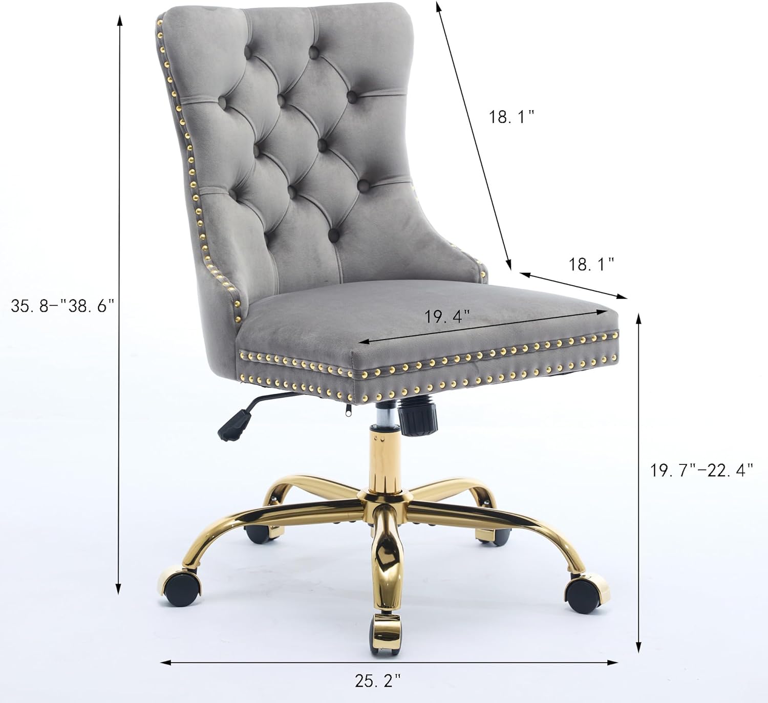 Goujxcy Desk Chair, Modern Velvet Upholstered Tufted Button Home Office Chair, 360° Swivel Armless Desk Chairs, 120°Rocking Ergonomic Computer Task Vanity Chairs, Gray