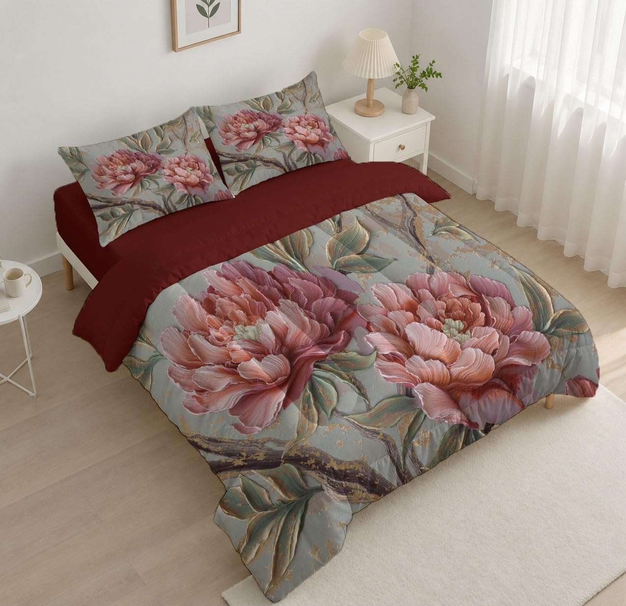 Chinese Flowers Comforter Set Full Size, Blooming Peonies Bedding Set for Girls Boys, Pink Quilt Bed 79"X90" Bedding Comforter Sets with 2 Pillowcase Room Decor
