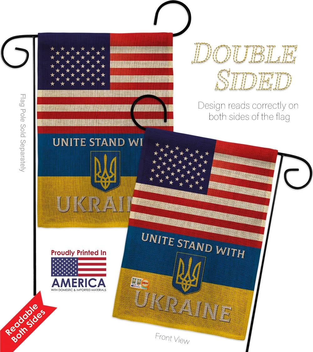 US Stand With Ukraine Burlap Garden Flag Set Wall Hanger Regional Friendship USA American Alliance World Country Particular Area Small Decorative Gift Yard House Banner Double-Sided Made In 13 X 18.5