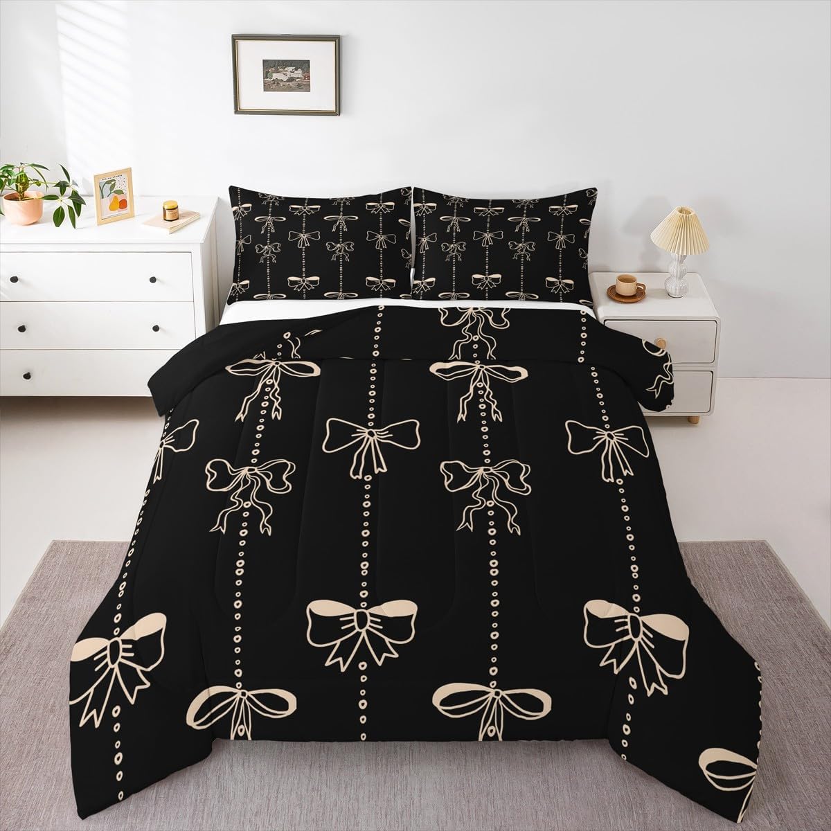 Erosebridal Pink Bowknot Comforter Set Twin Size Black Bow Knot Bedding Set for Kids Girls Boys Bow Tie Butterfly Knot Comforter Coquette Aesthetic Quilt Cartoon Geometric Bedroom Decor