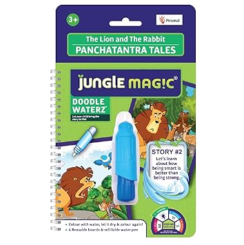 Jungle Magic Doodle Waterz - Reusable I Water Colouring Book - Panchtantra Story I The Lion and The Rabbit I Self-Drying with Easy to Hold Water Pen I Educational Toy for Kids