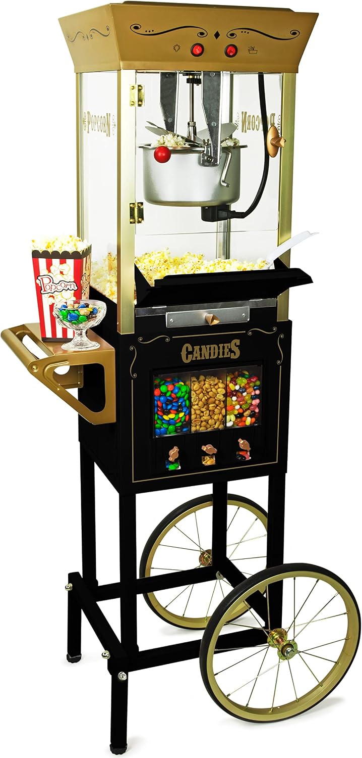 Nostalgia Popcorn Maker Professional Cart, 8 Oz Kettle Makes Up to 32 Cups, Black & KPP824 Best Tasting Premium 8-Ounce Popcorn, Oil & Seasoning Salt All-In-One Packs - 24 Count