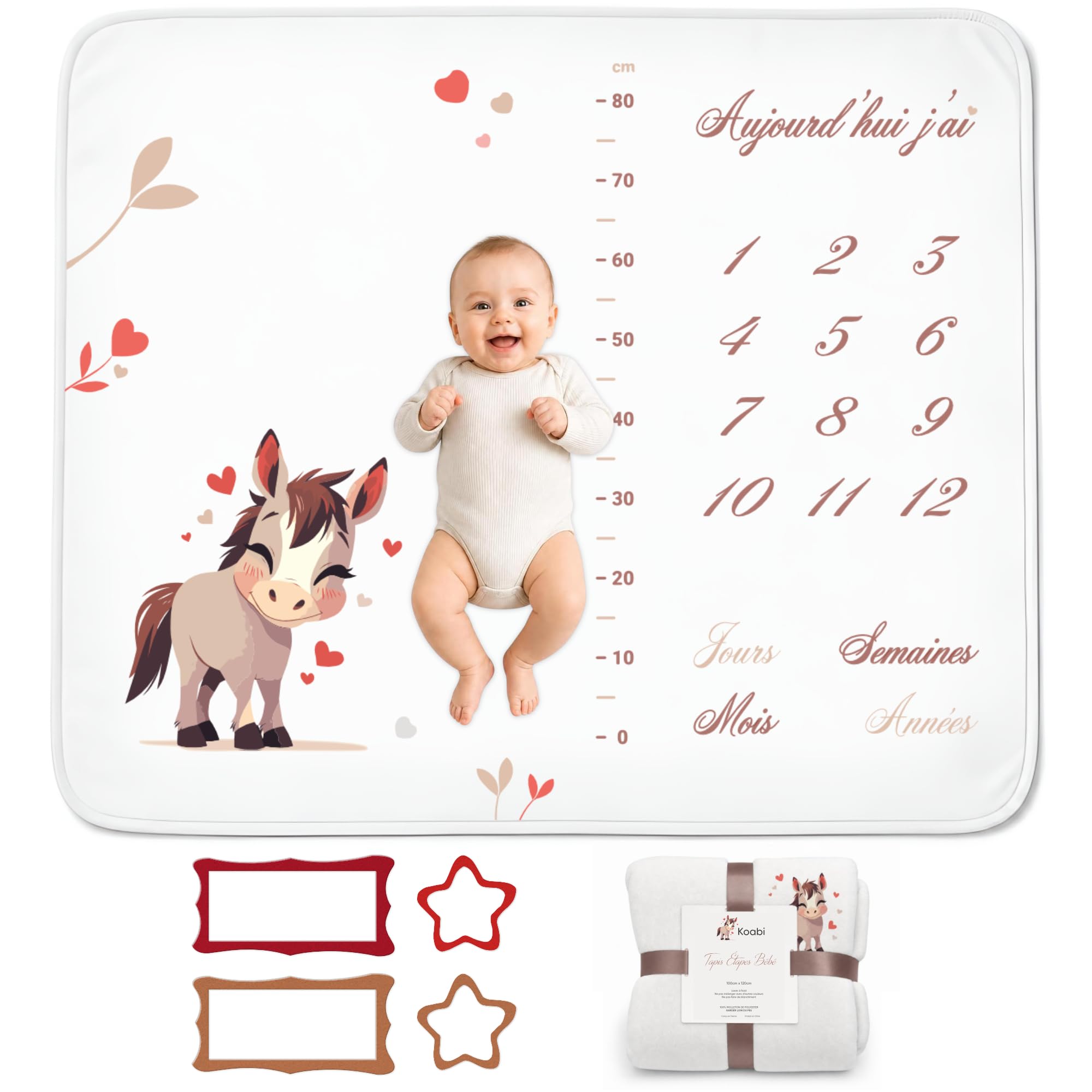 Couverture Étape Bébé en Français | Tapis Evolution | Garçon ou Fille, Unisexe | Fleurs, Coeurs, Cheval | Suivi Âge & Taille | Cadeau Naissance | Doux & Confort | 120x100cm