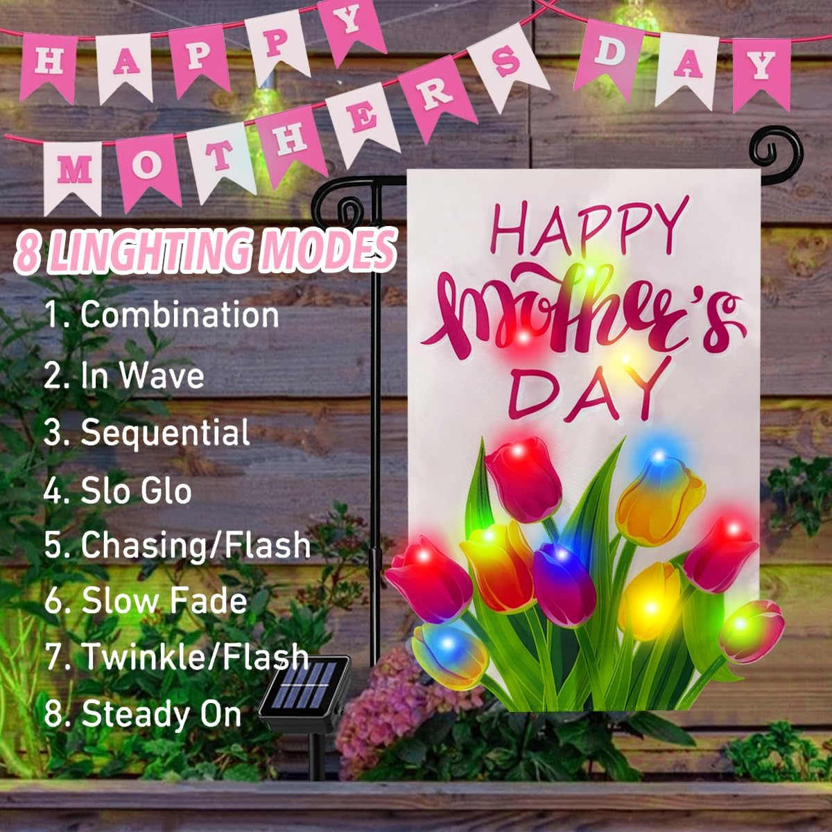 3D Lighted Mother's Day Garden Flag, Solar Powered LED Outdoor Tulips Flower Spring Holiday Yard Flag, Double Side Flag for Patio Lawn, Home Porch 12x18 Inch, Gifts for Women Mother - Image 4