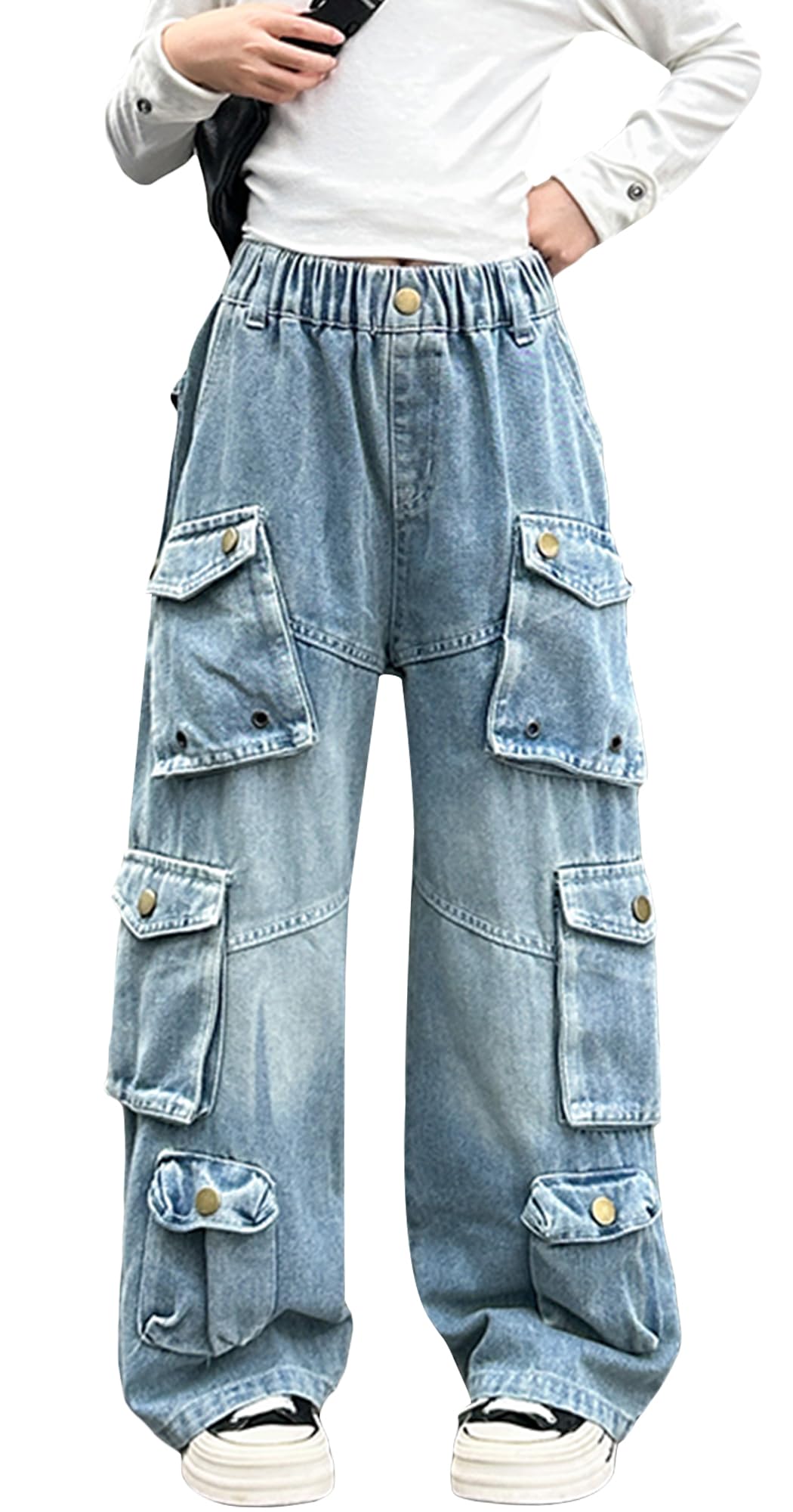 SEAUR Baggy Cargo Jeans Mädchen Multi Taschen Cargohose Y2K Hip Hop Streetwear Kinder Teenager Jeanshose mit Gummizug 5-14 Jahre