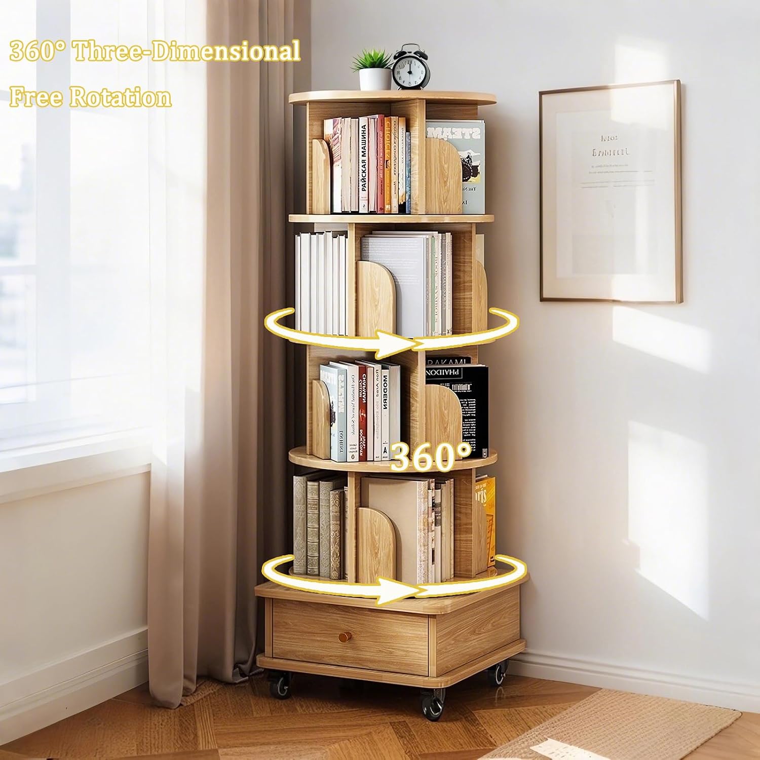 5 Tier Rotating Bookshelf Tower, 360° Revolving Bookcase with Wheels and Drawer, Round Spinning Book Shelf Kids, Small Corner Bookshelf for Living Room, Home, Office, Wood Color